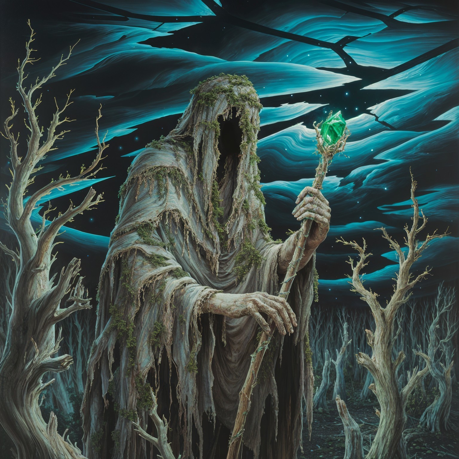 Cloaked Figure in a Shadowy, Desolate Landscape