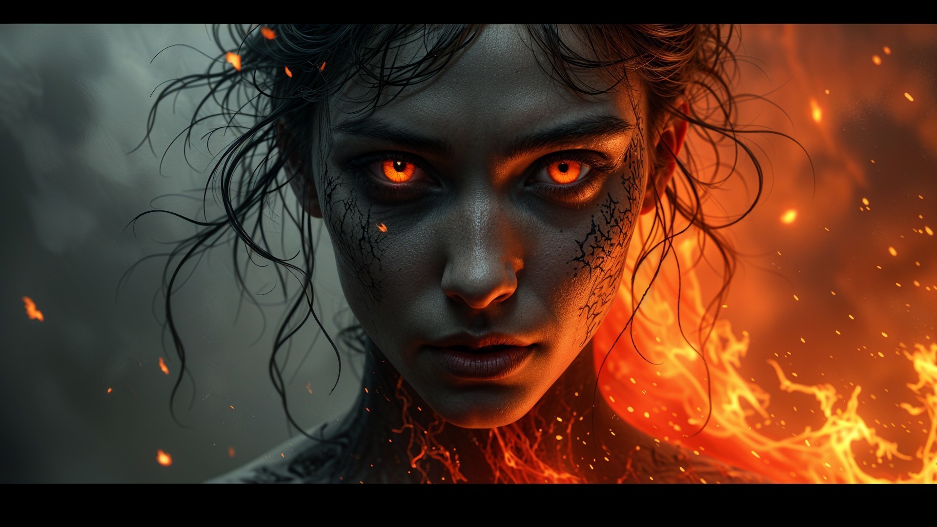 Portrait of a Fierce Woman with Fiery Elements