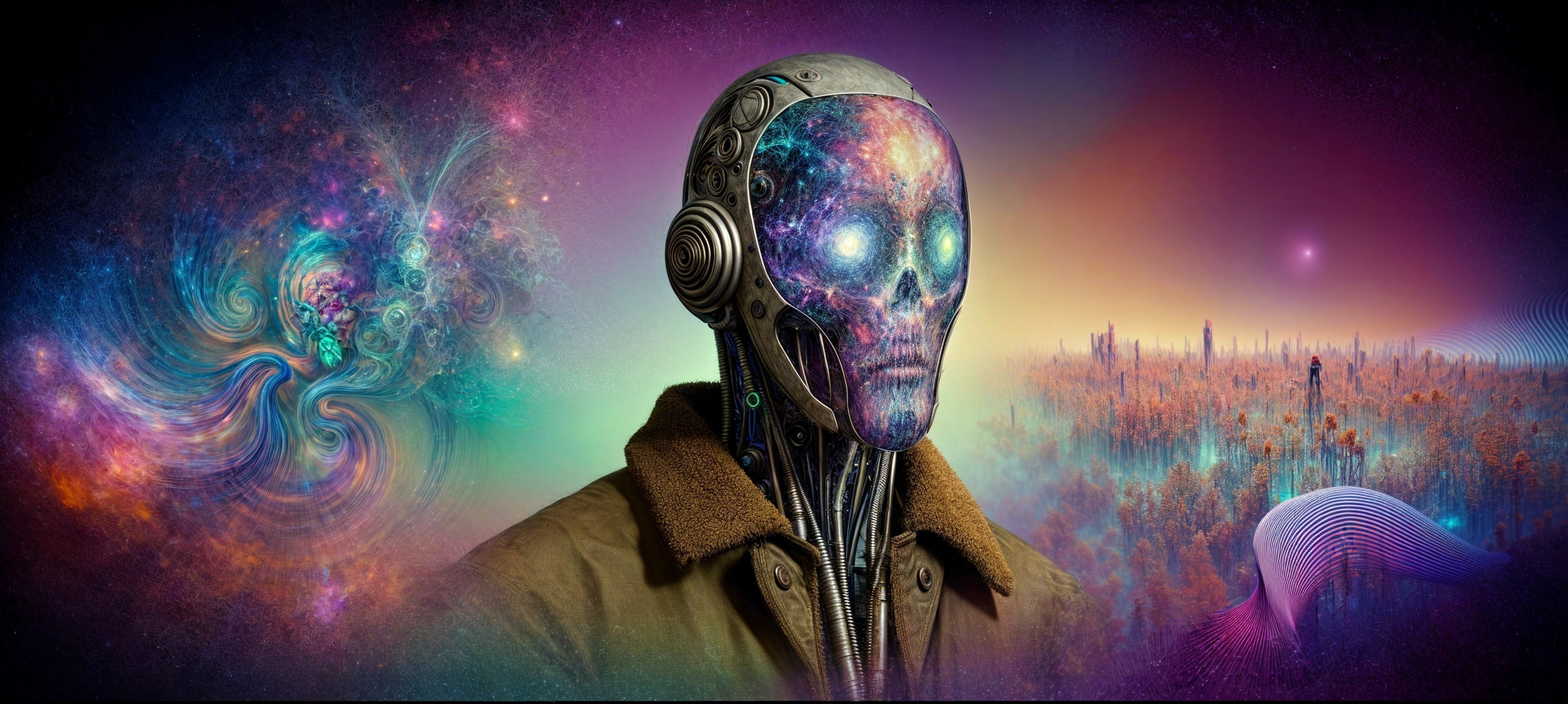 Futuristic Robot with Cosmic Patterns and Nebula Background