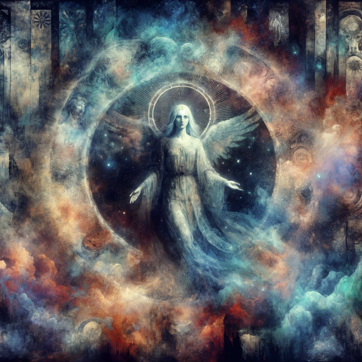 Celestial Angel Surrounded by Vibrant Cosmic Colors
