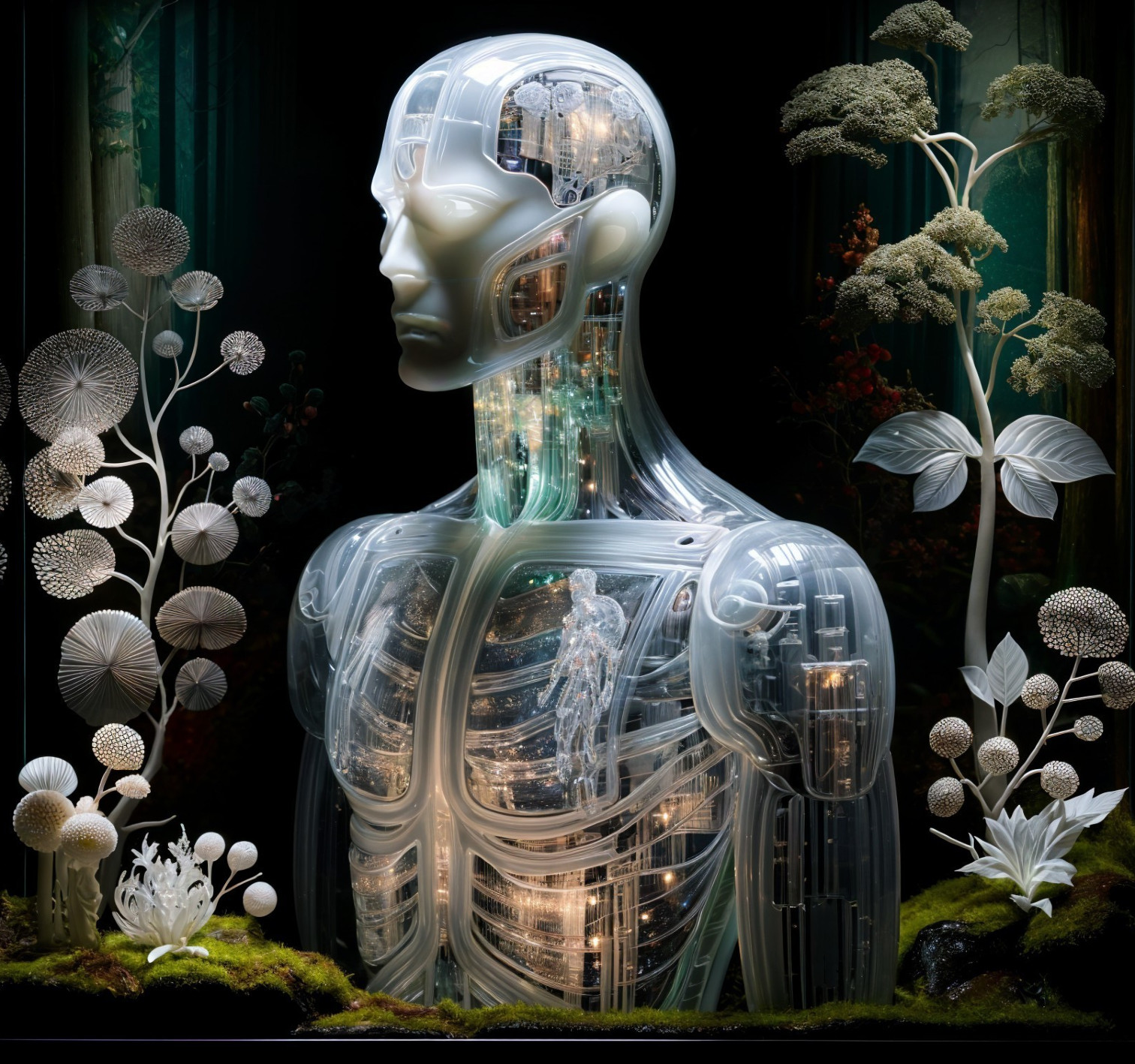Transparent humanoid with glowing circuitry and plants