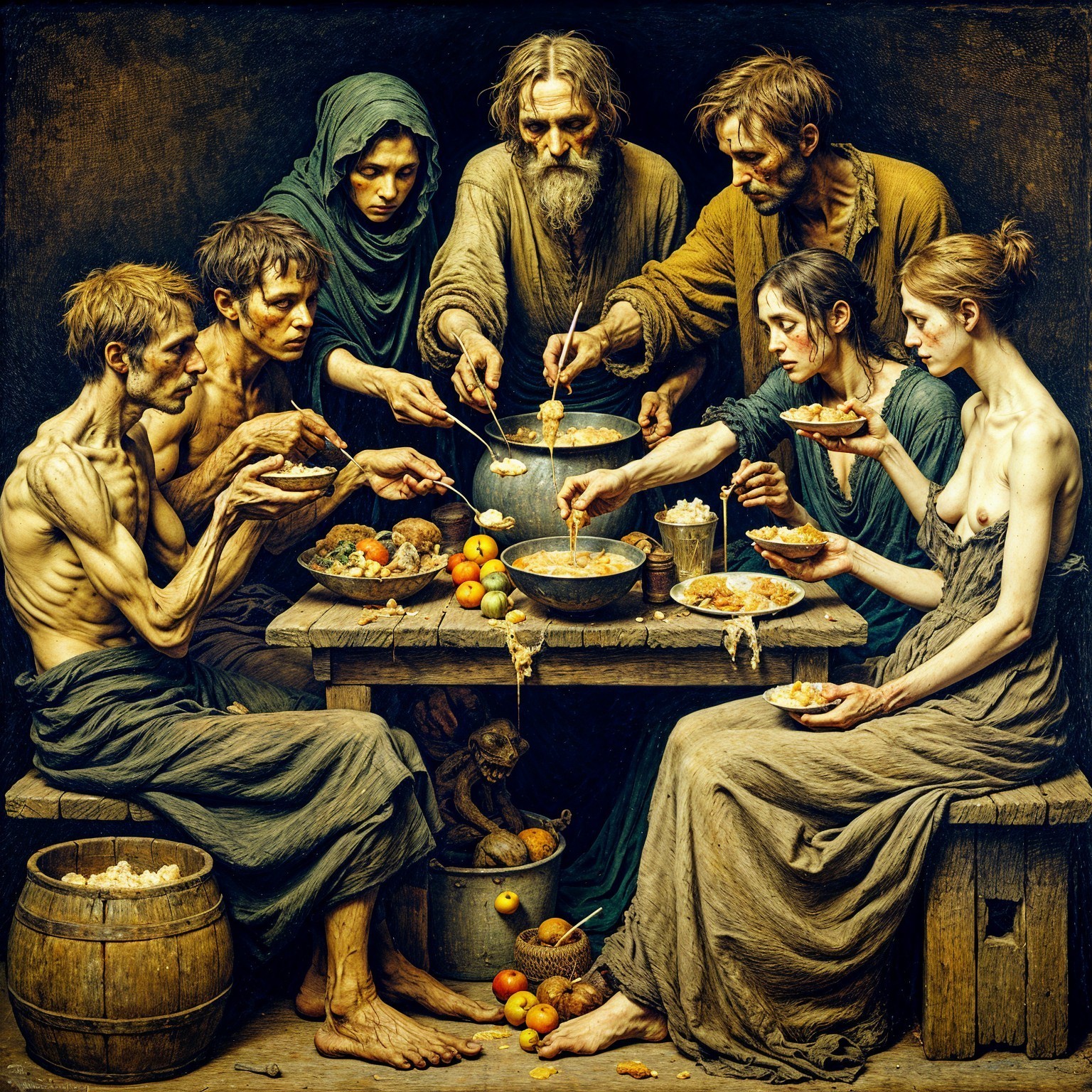 Somber Gathering Around a Rustic Wooden Table