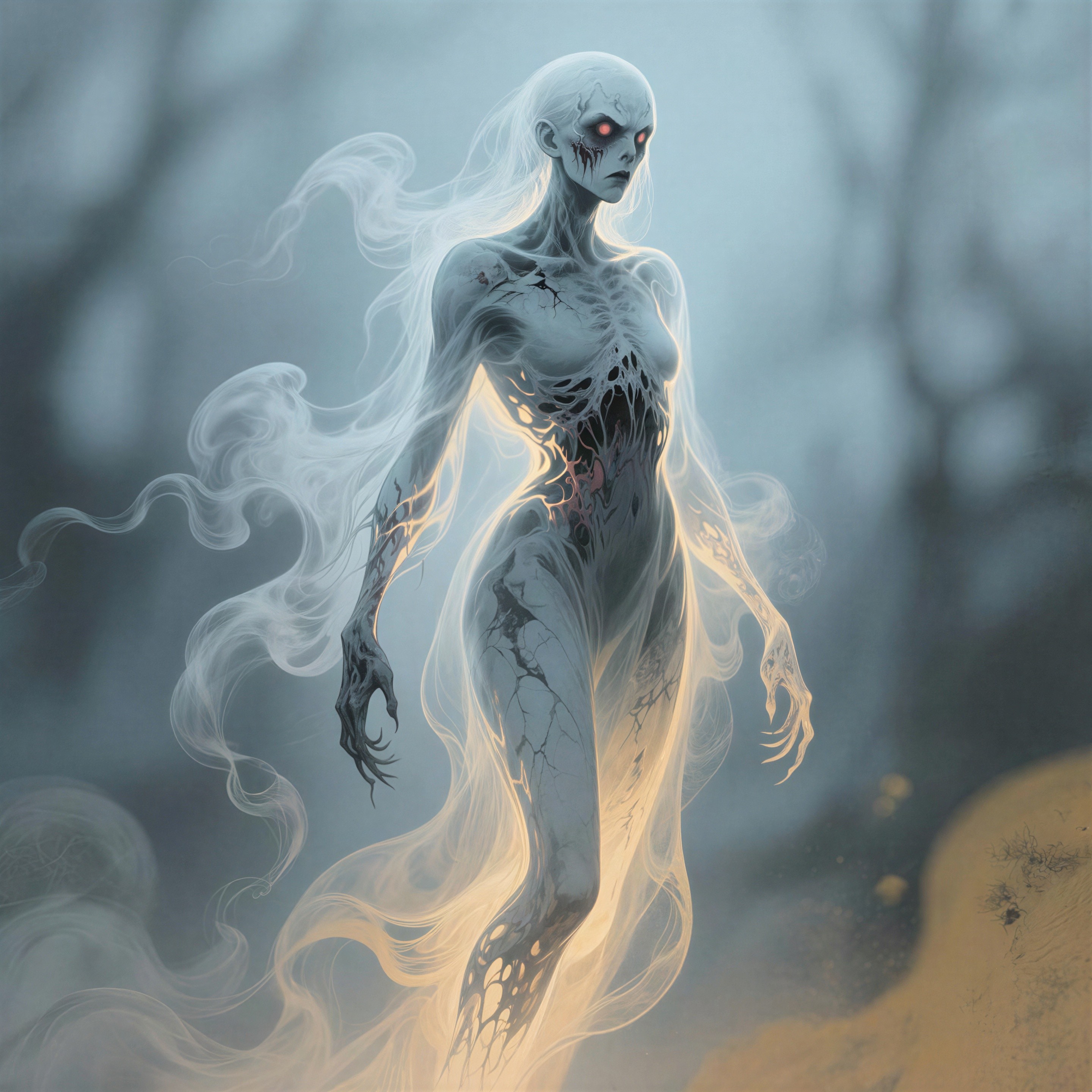 Ghoulish Female Figure with Ethereal Smoke and Glow