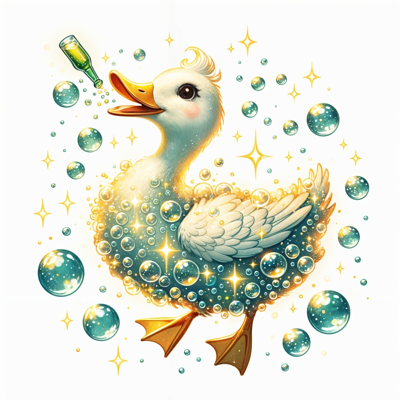 Cartoon Duck Splashing in Iridescent Bubbles