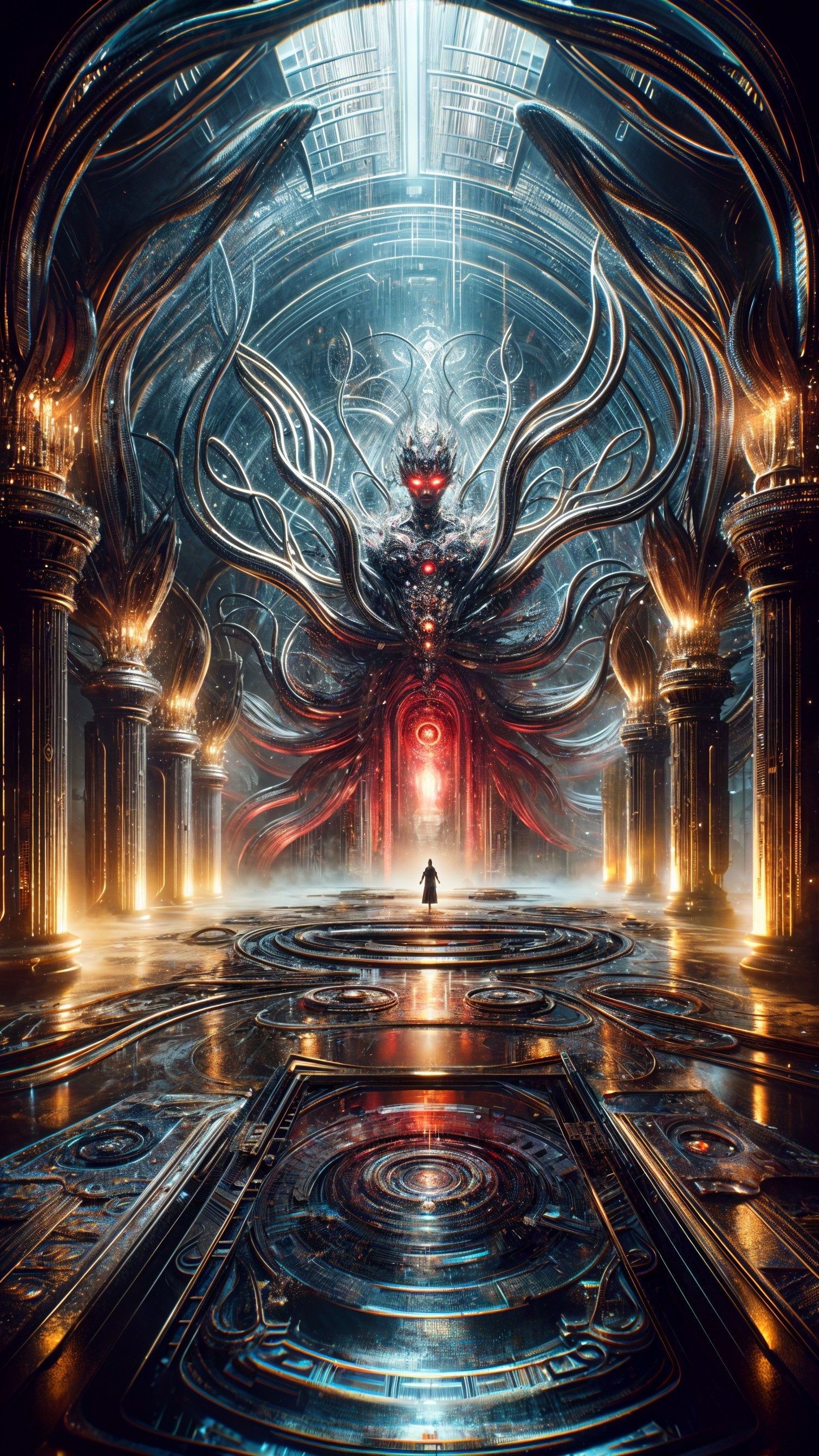 Otherworldly hall with towering columns and a menacing entity