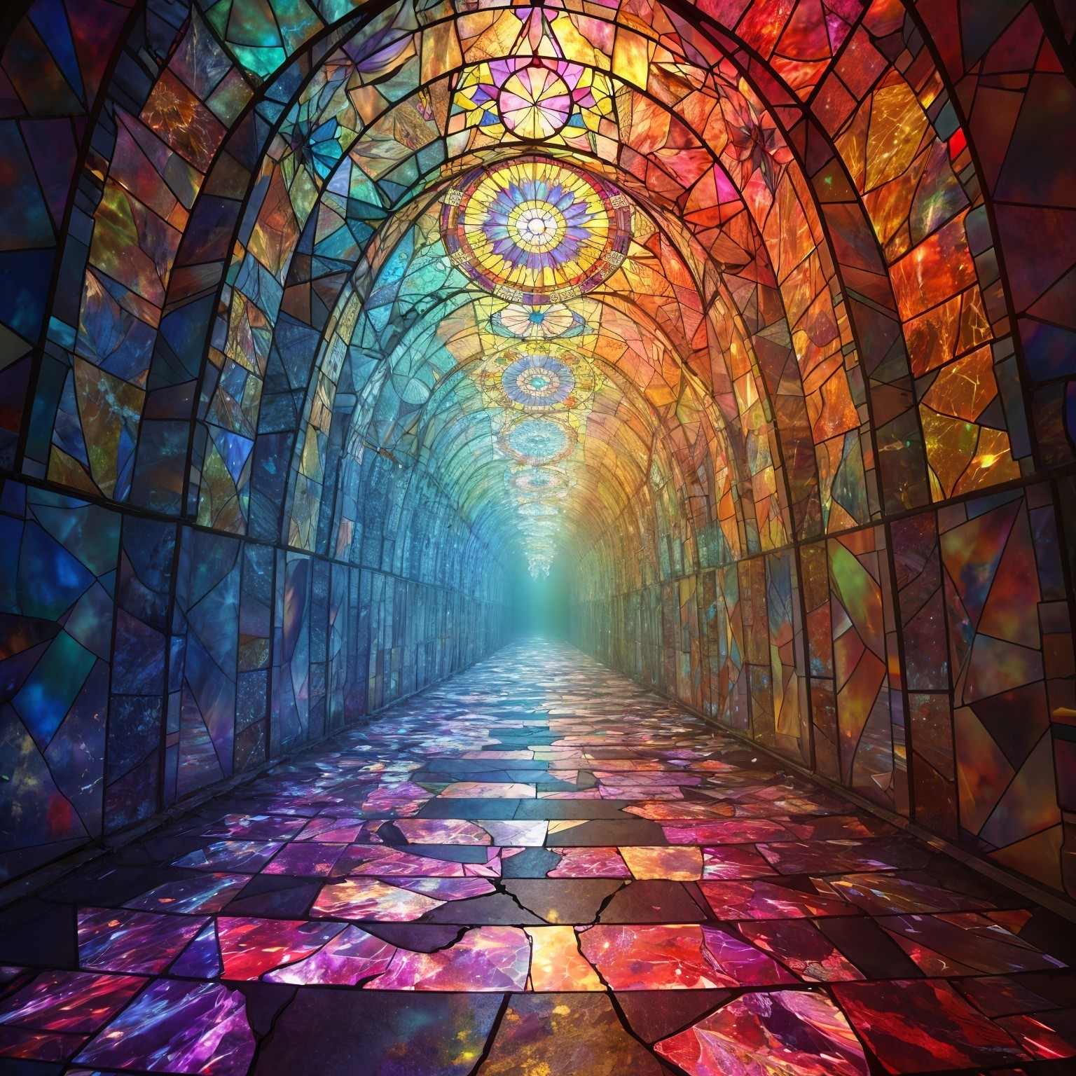 Vibrant Stained Glass Corridor with Ethereal Atmosphere
