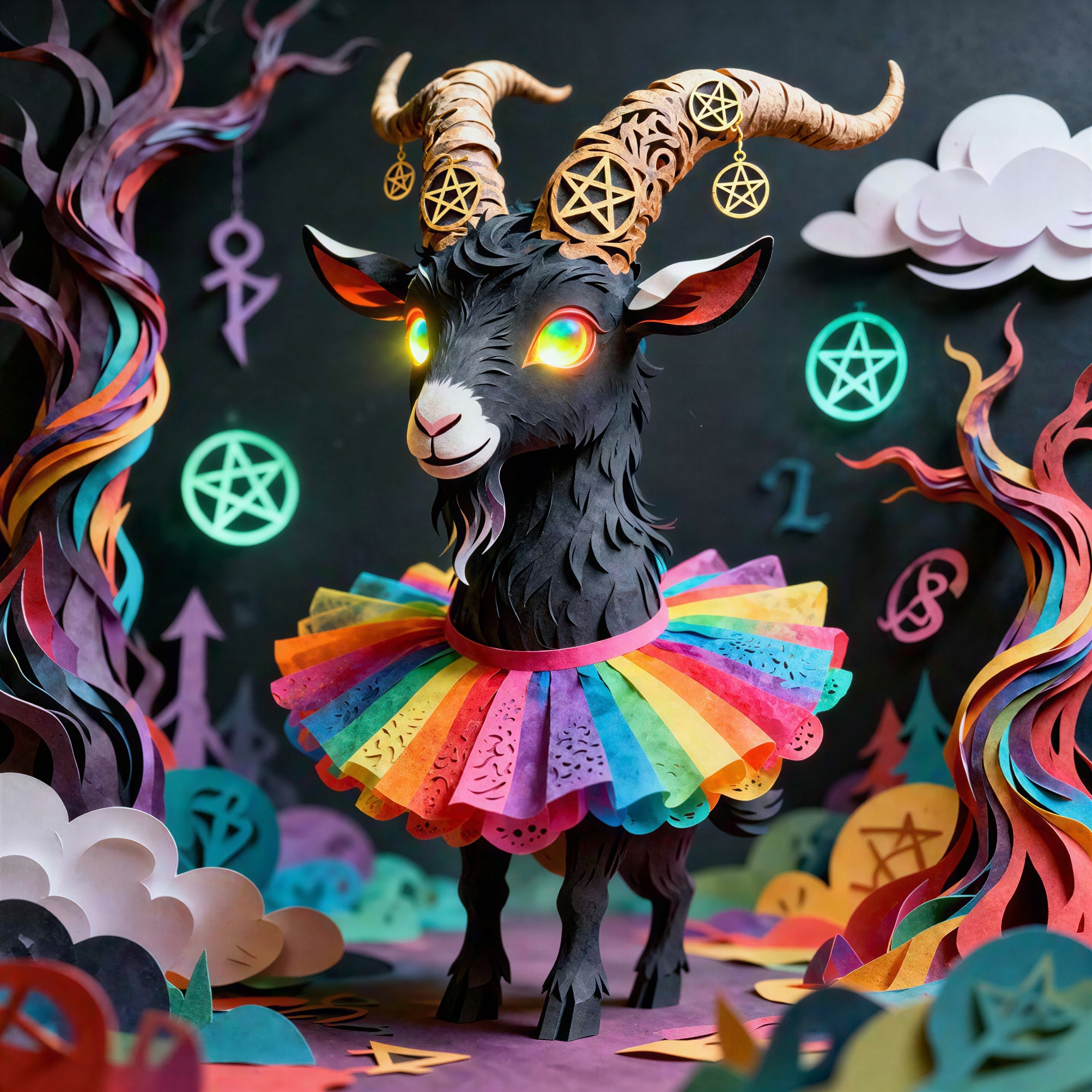 Fantastical Papercraft Scene with Colorful Goat and Trees