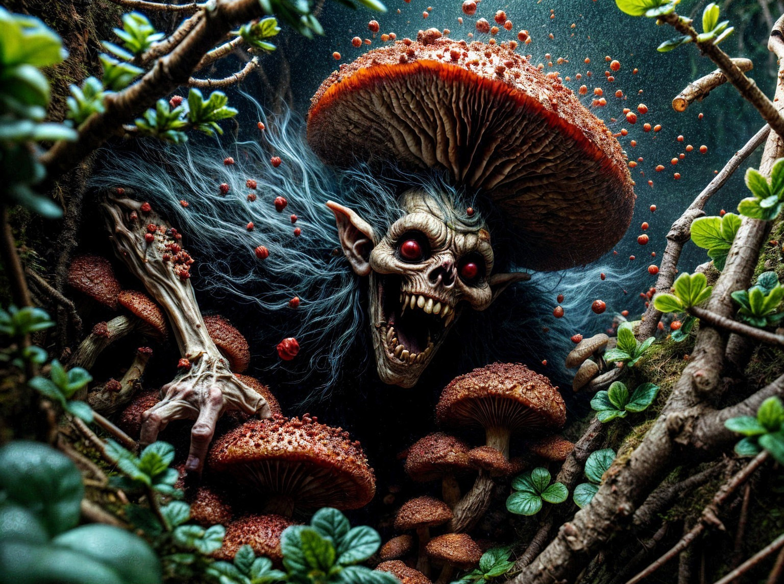 Grotesque creature in a dark forest with mushrooms