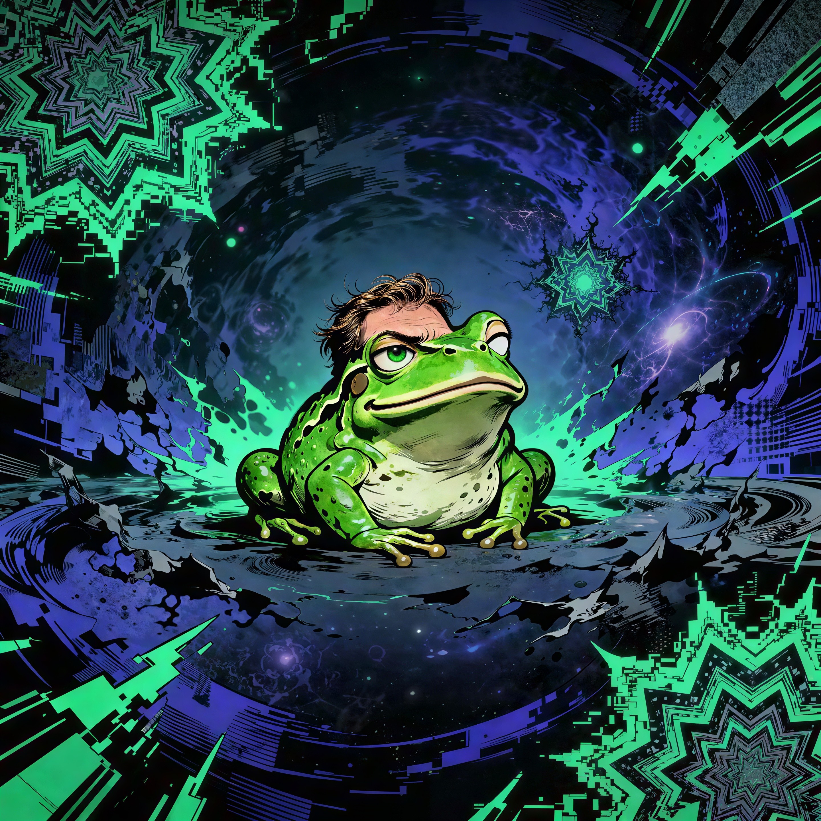 Psychedelic Sci-Fi Illustration of a Green Frog in Space