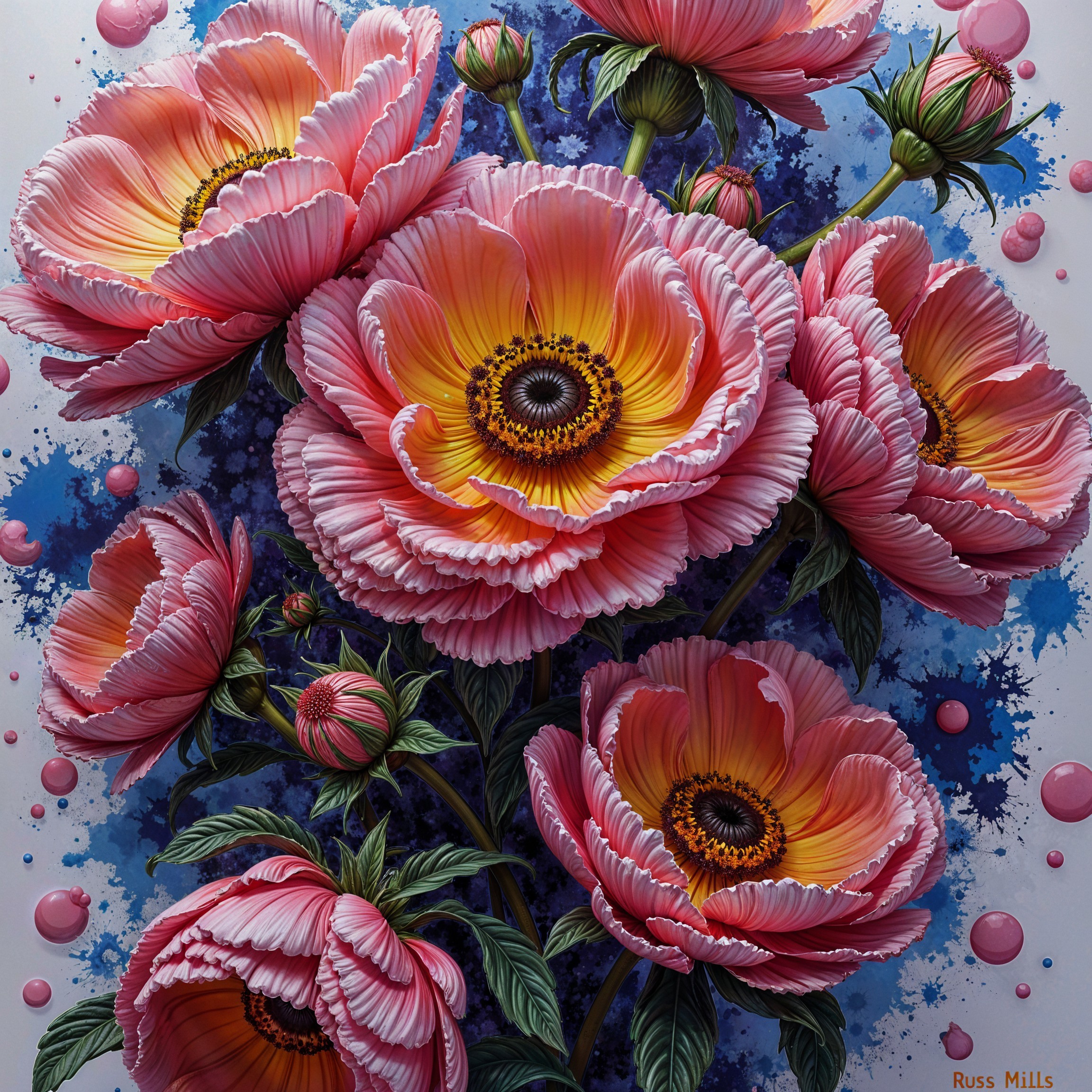 Large Blooming Flowers with Pink Petals and Yellow Centers