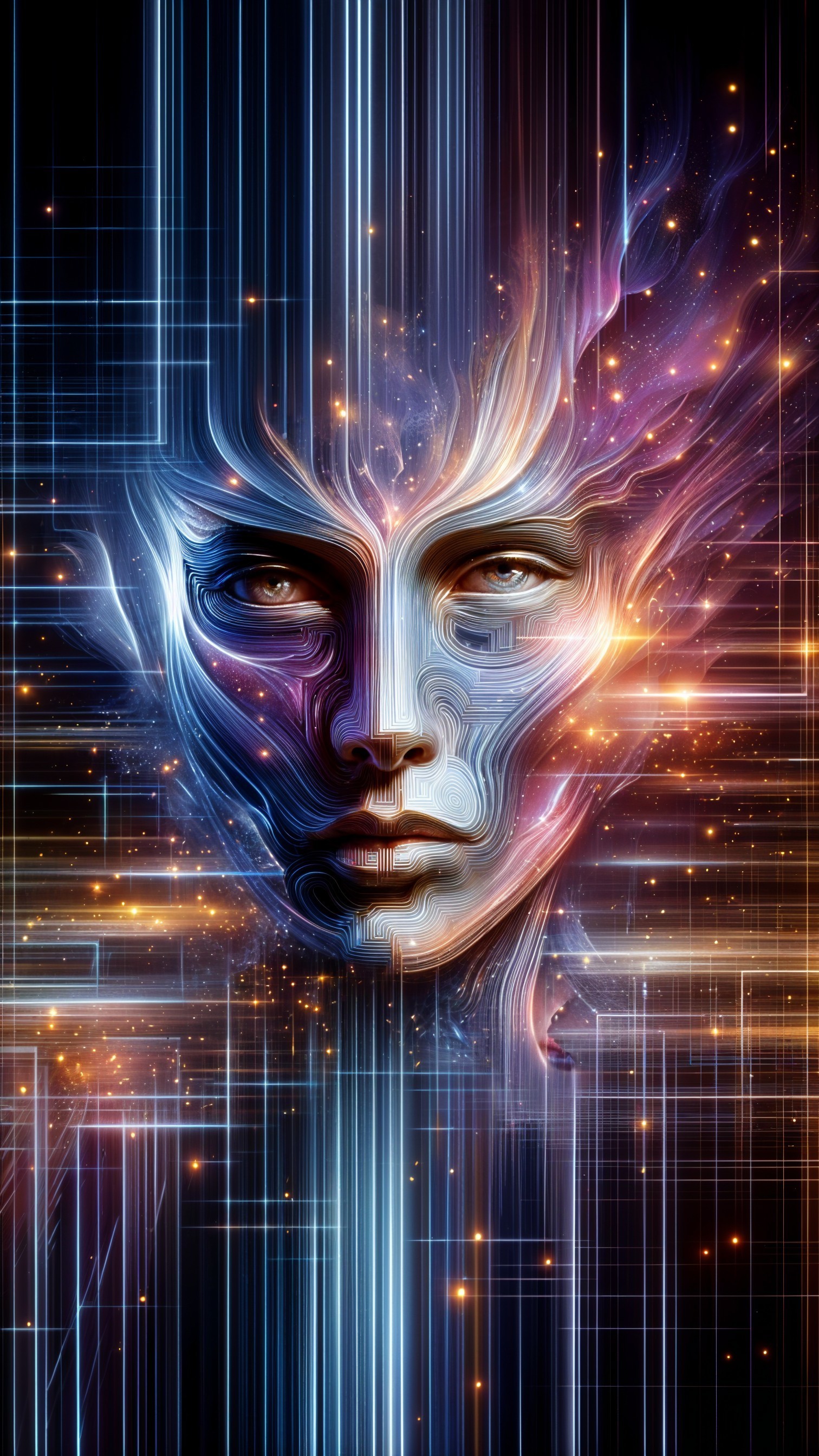 Futuristic Face Merging with Digital Elements and Colors