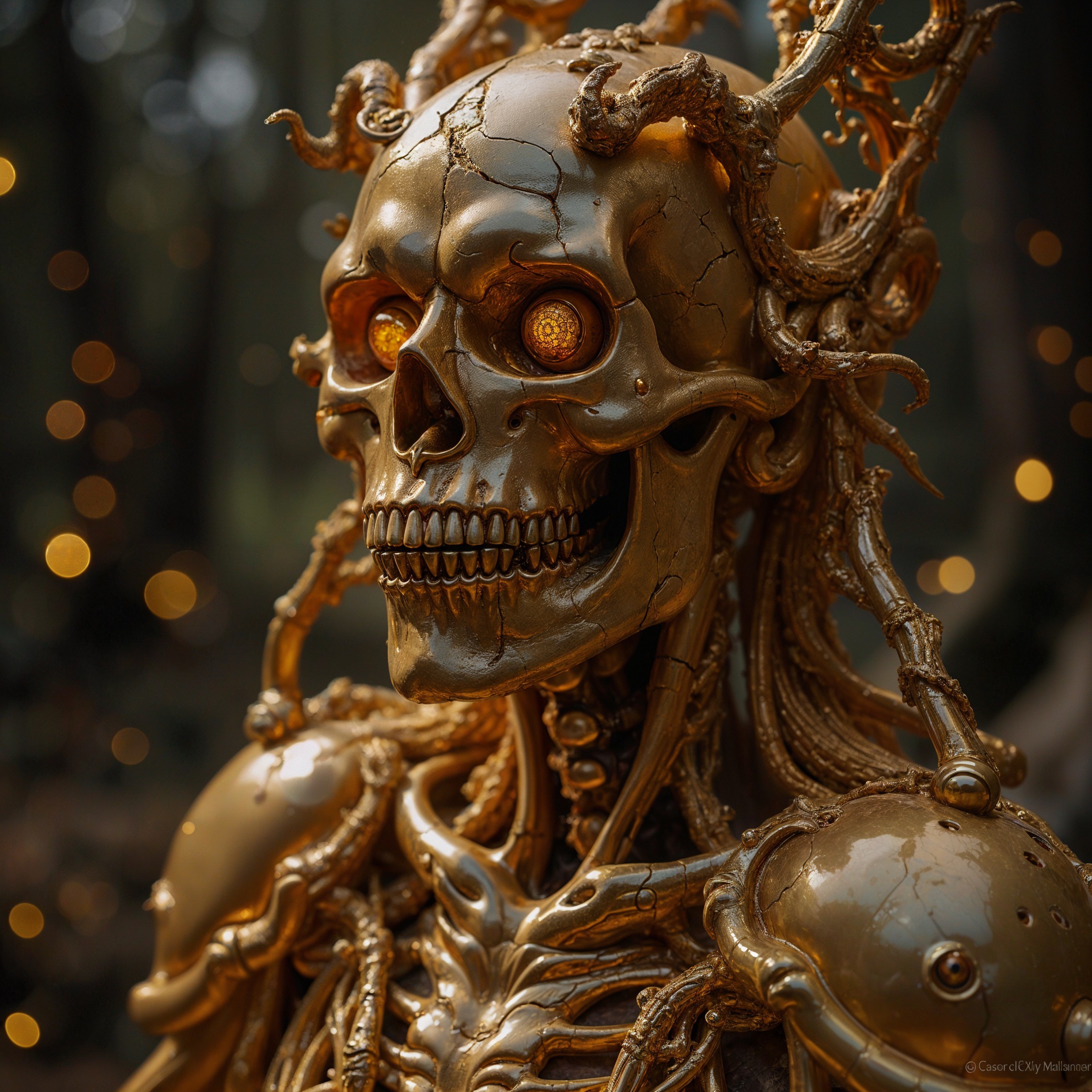 Golden Mechanical Skull in Mystical Forest Setting