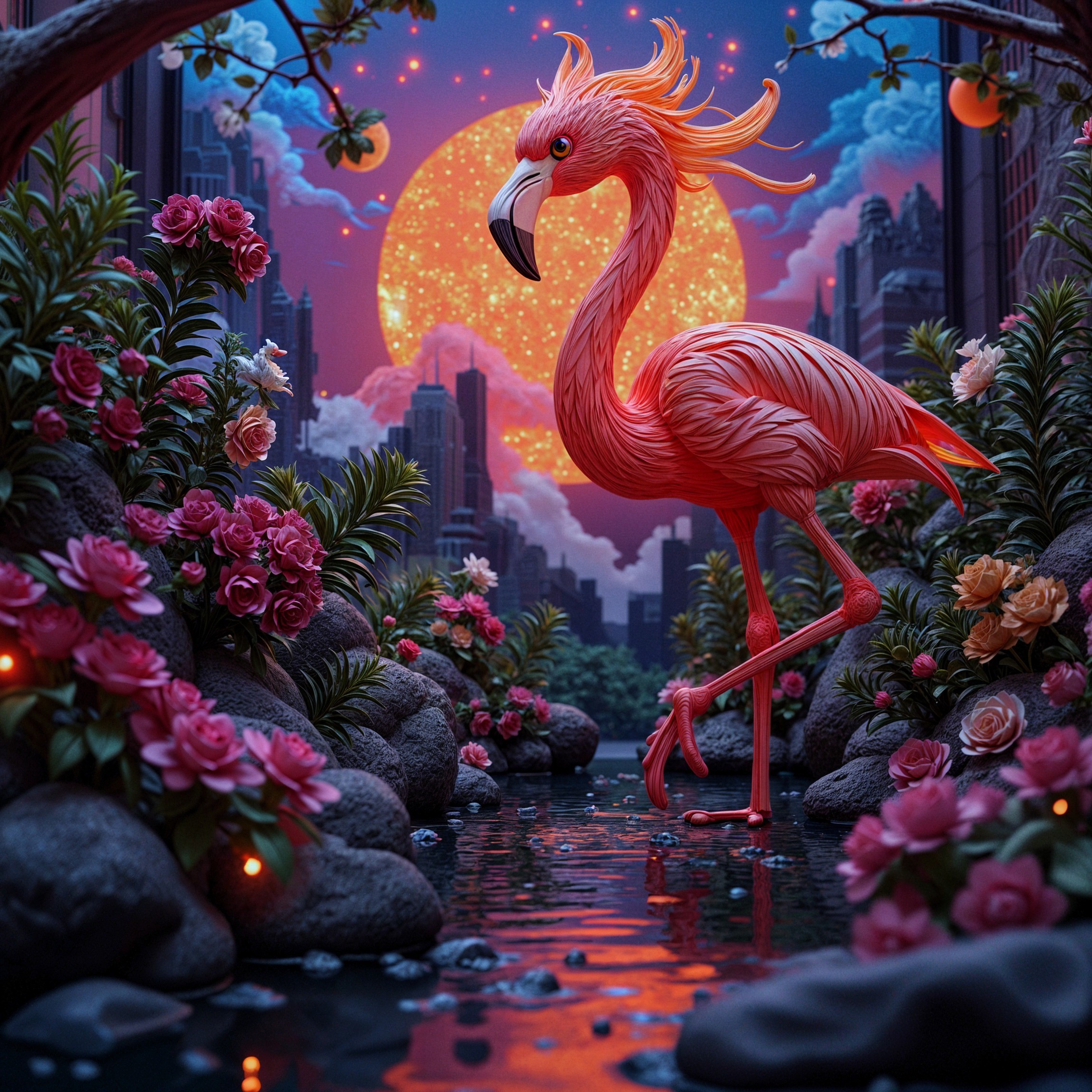 Flamingo in Serene Landscape with Urban Background