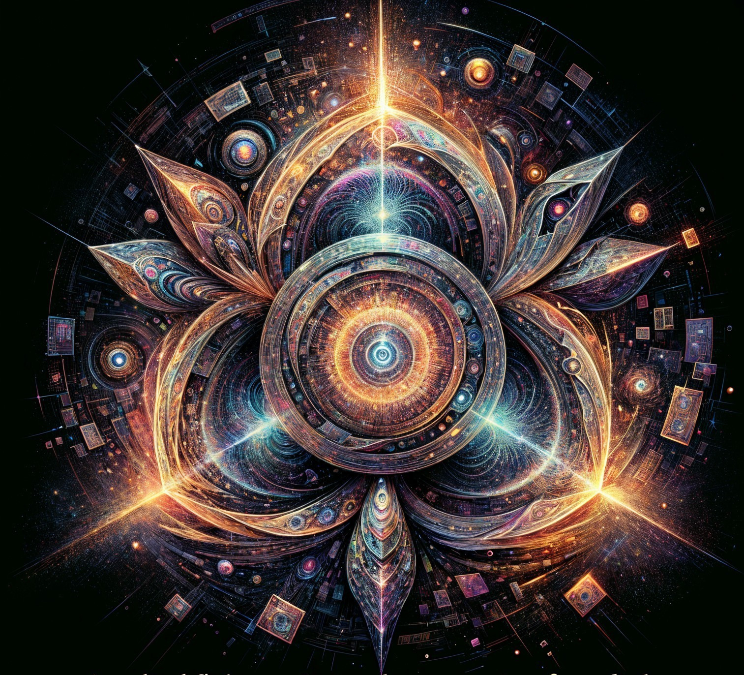 Intricate Cosmic Design with Floral Motif and Stars