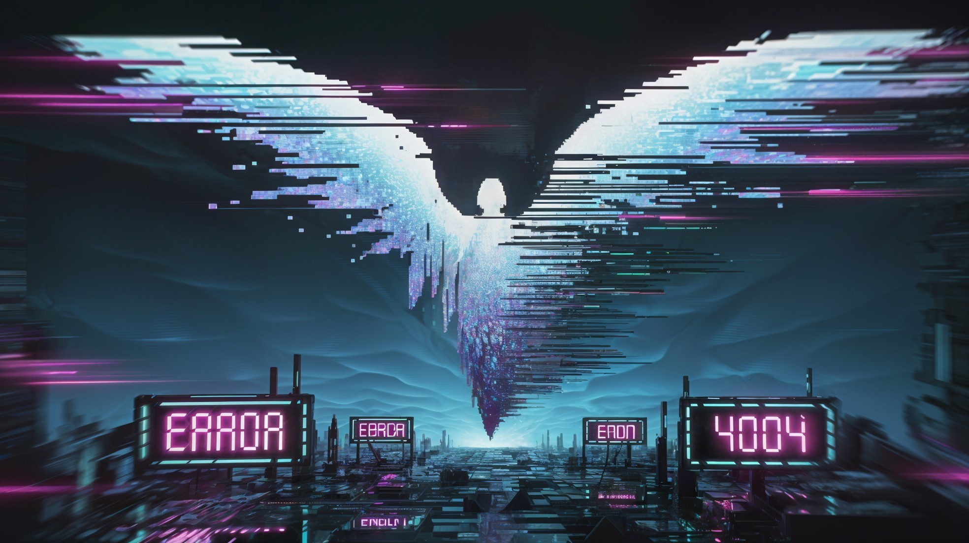 Futuristic Digital Landscape with Angelic Figure