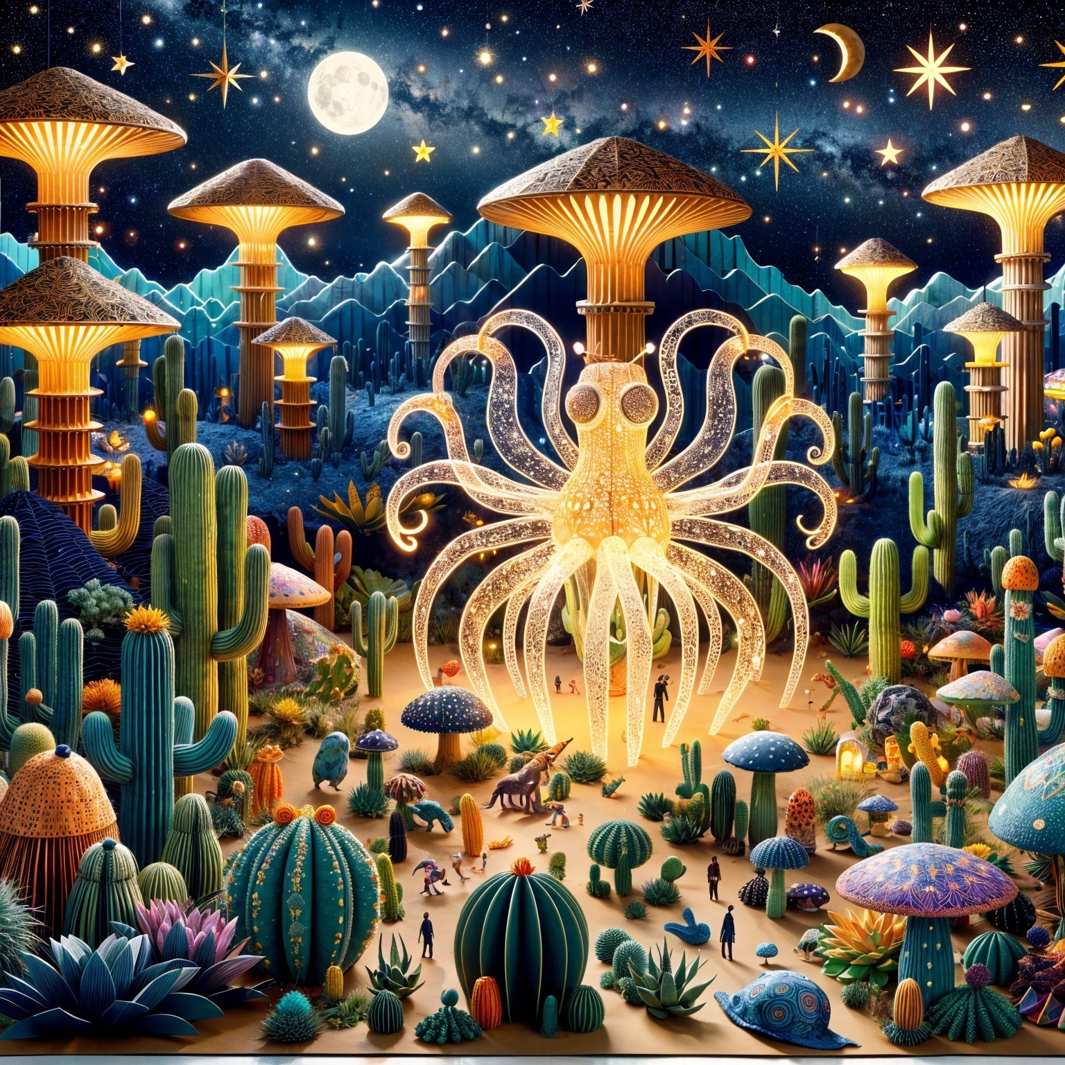 Surreal Landscape with Glowing Mushrooms and Cacti