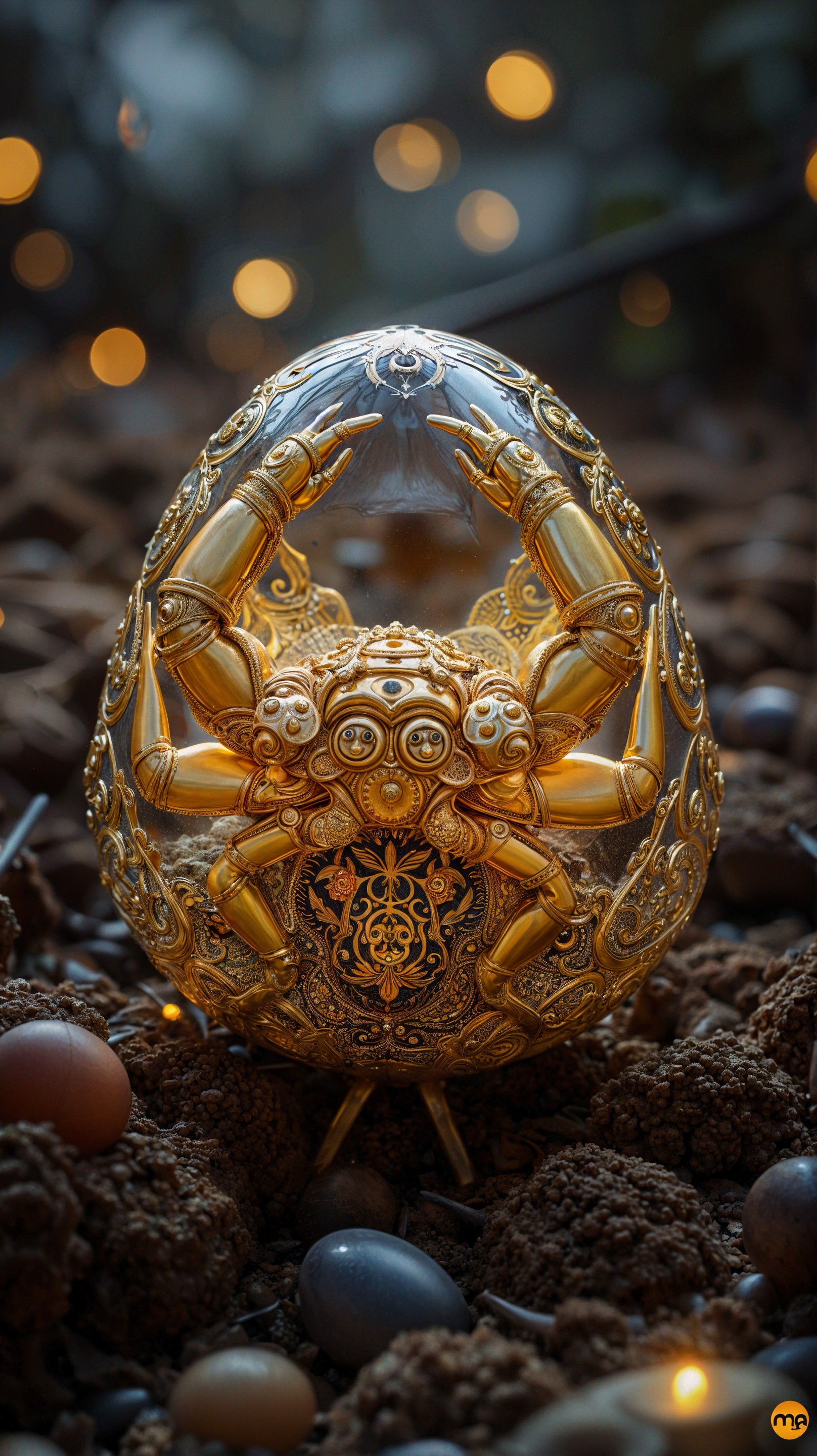 Golden Spider in Egg Shell with Mystical Background