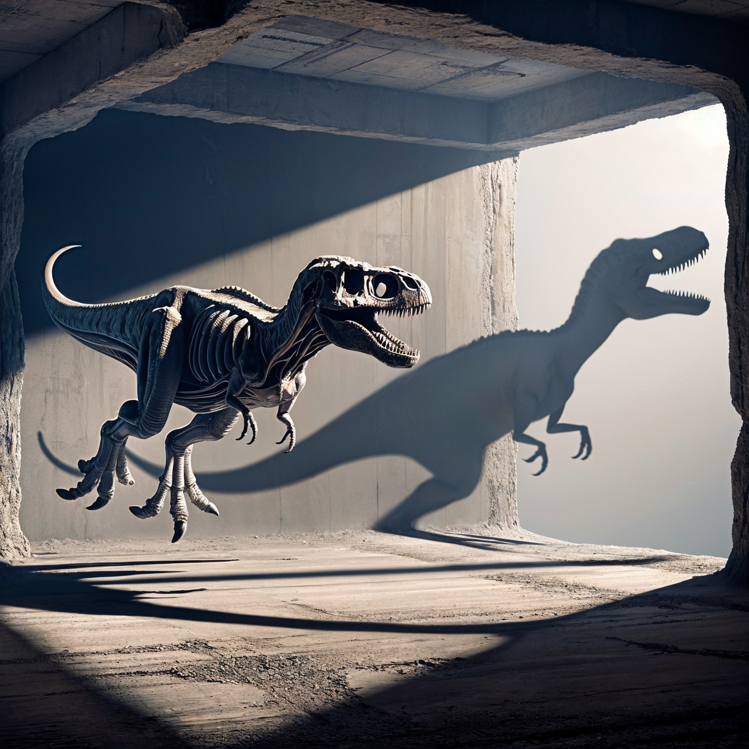 Skeletal T-Rex in a Dimly Lit Surreal Room
