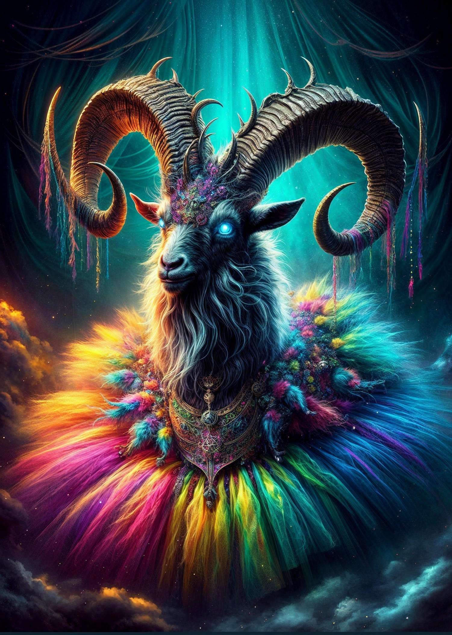 Majestic Goat with Twisted Horns and Colorful Tutu