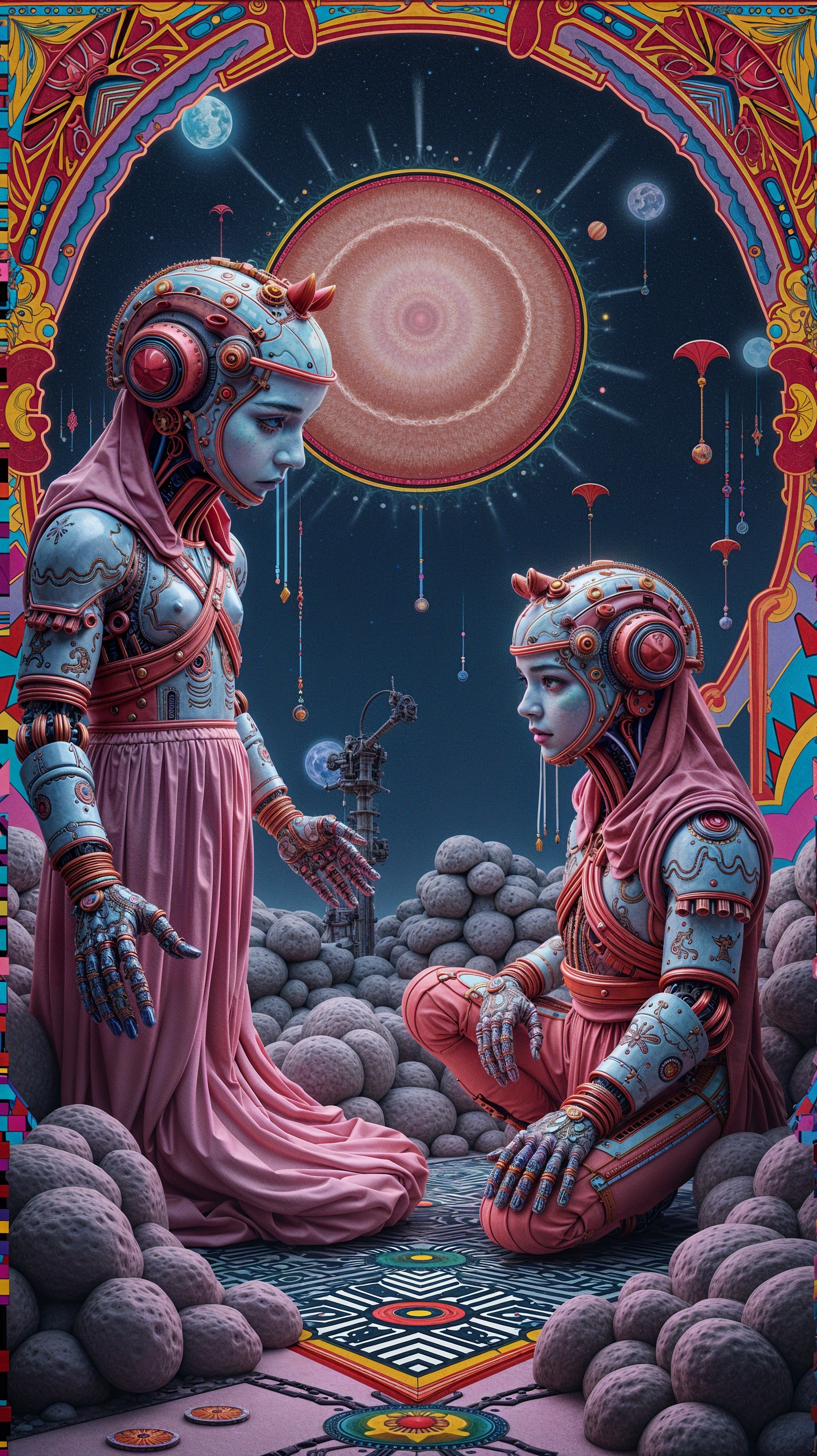 Futuristic Figures in Surreal Cosmic Landscape