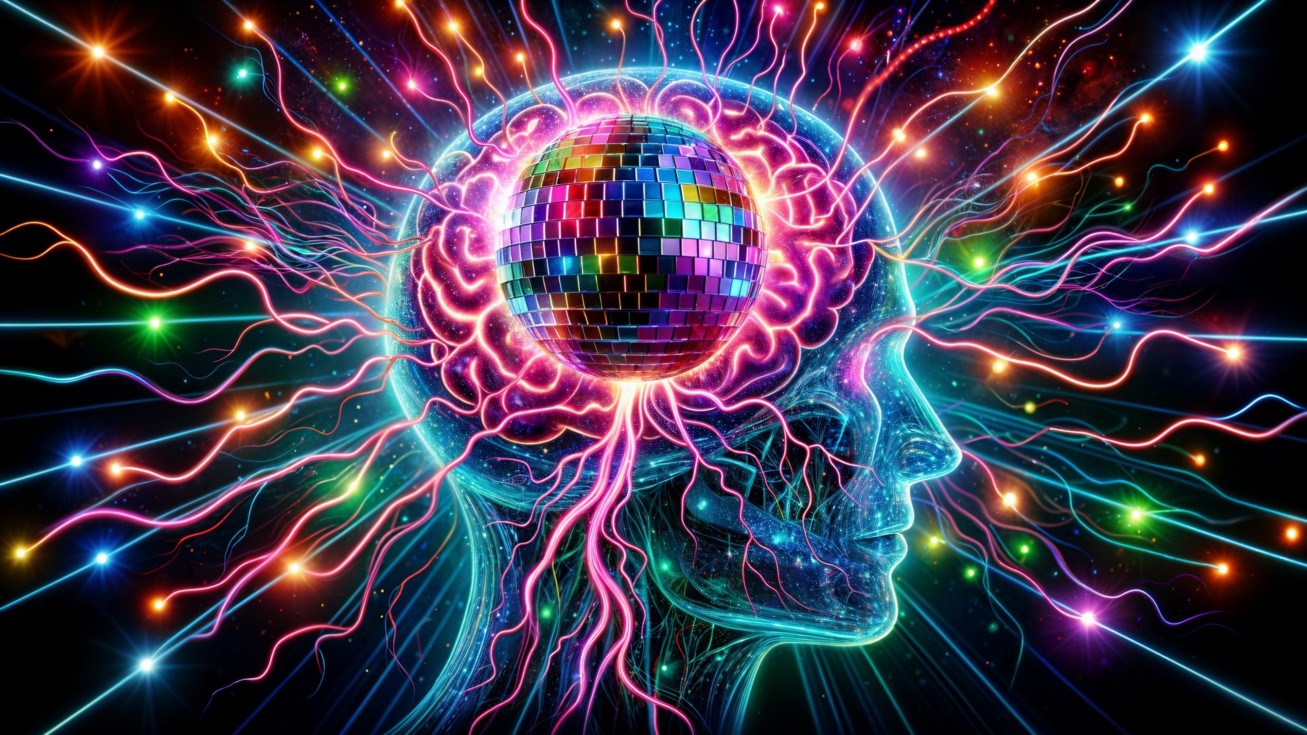 Abstract Human Head with Cosmic Background and Disco Ball