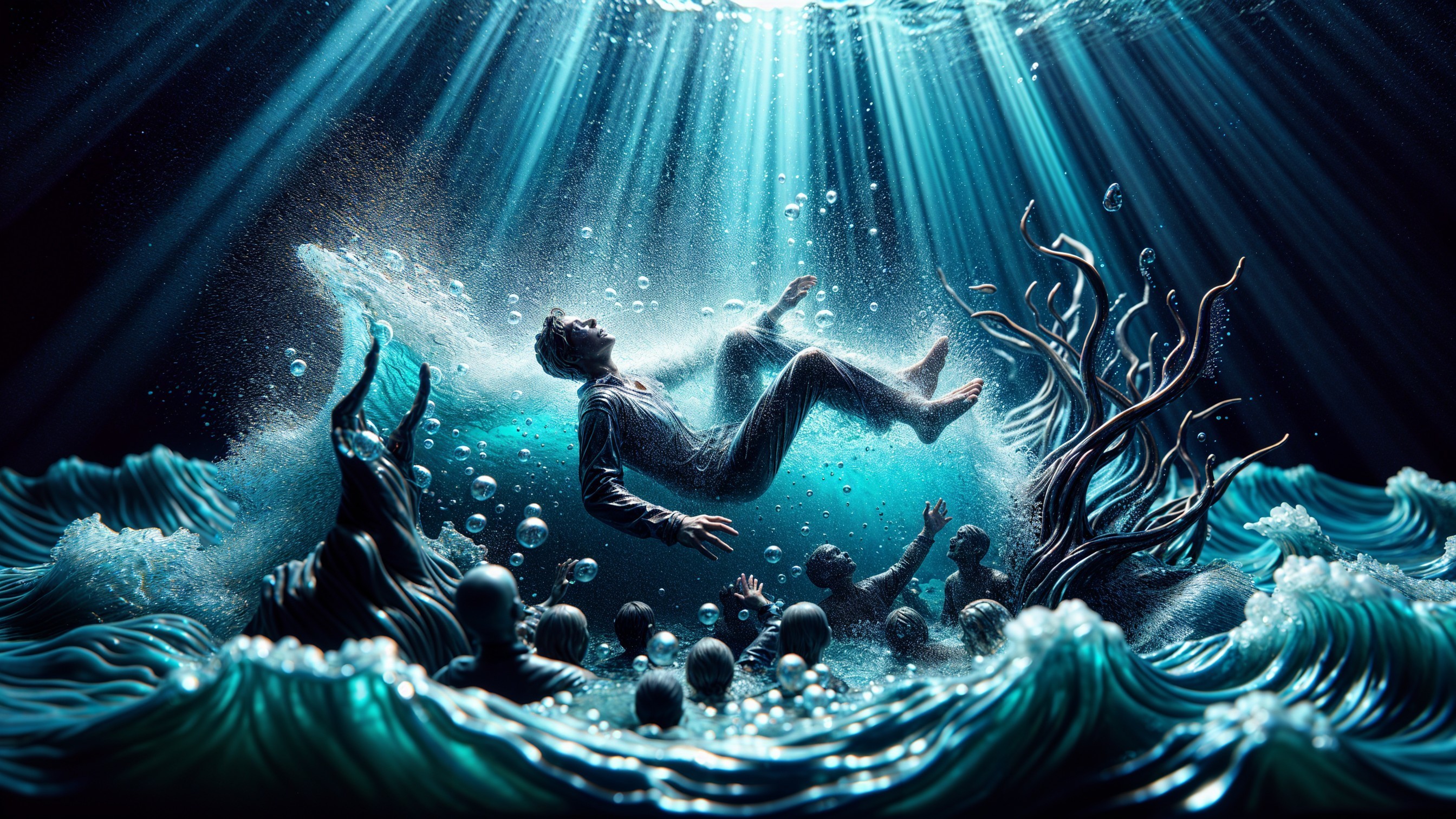 Underwater Scene with Light and Shadowy Figures