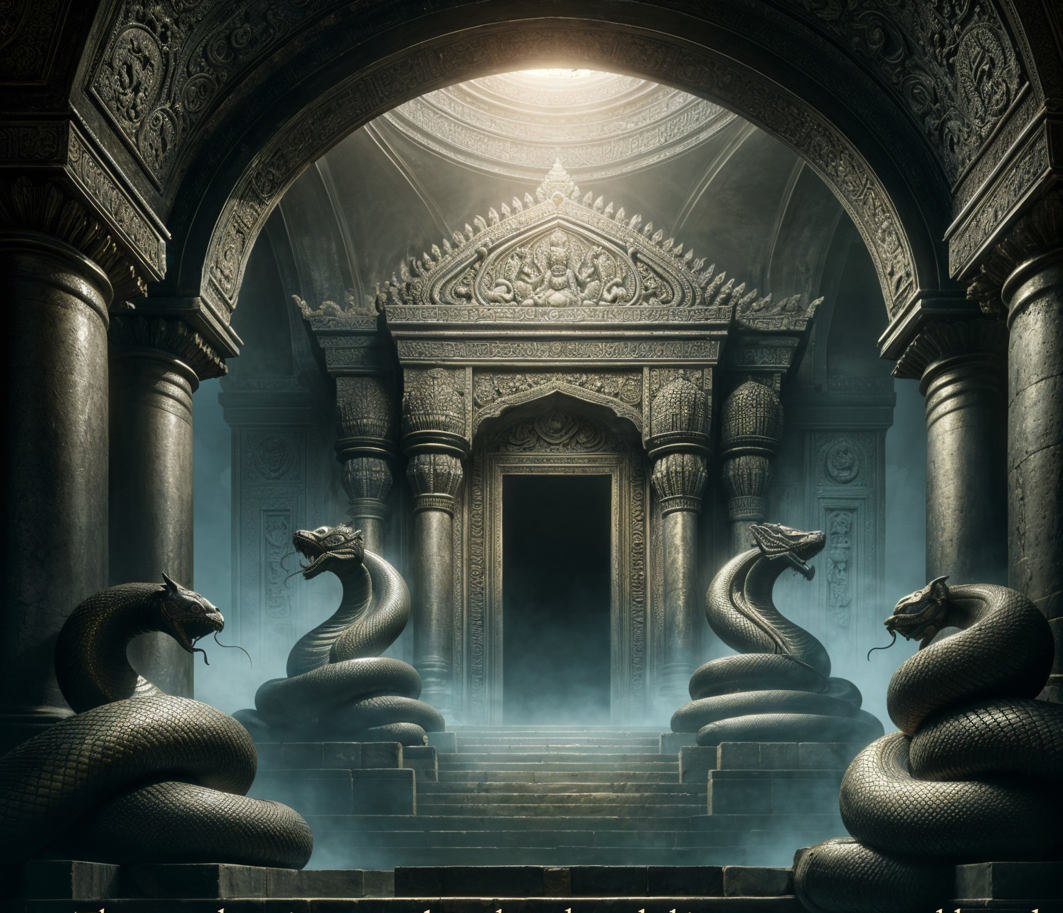 Ancient Temple with Serpent Statues and Carvings