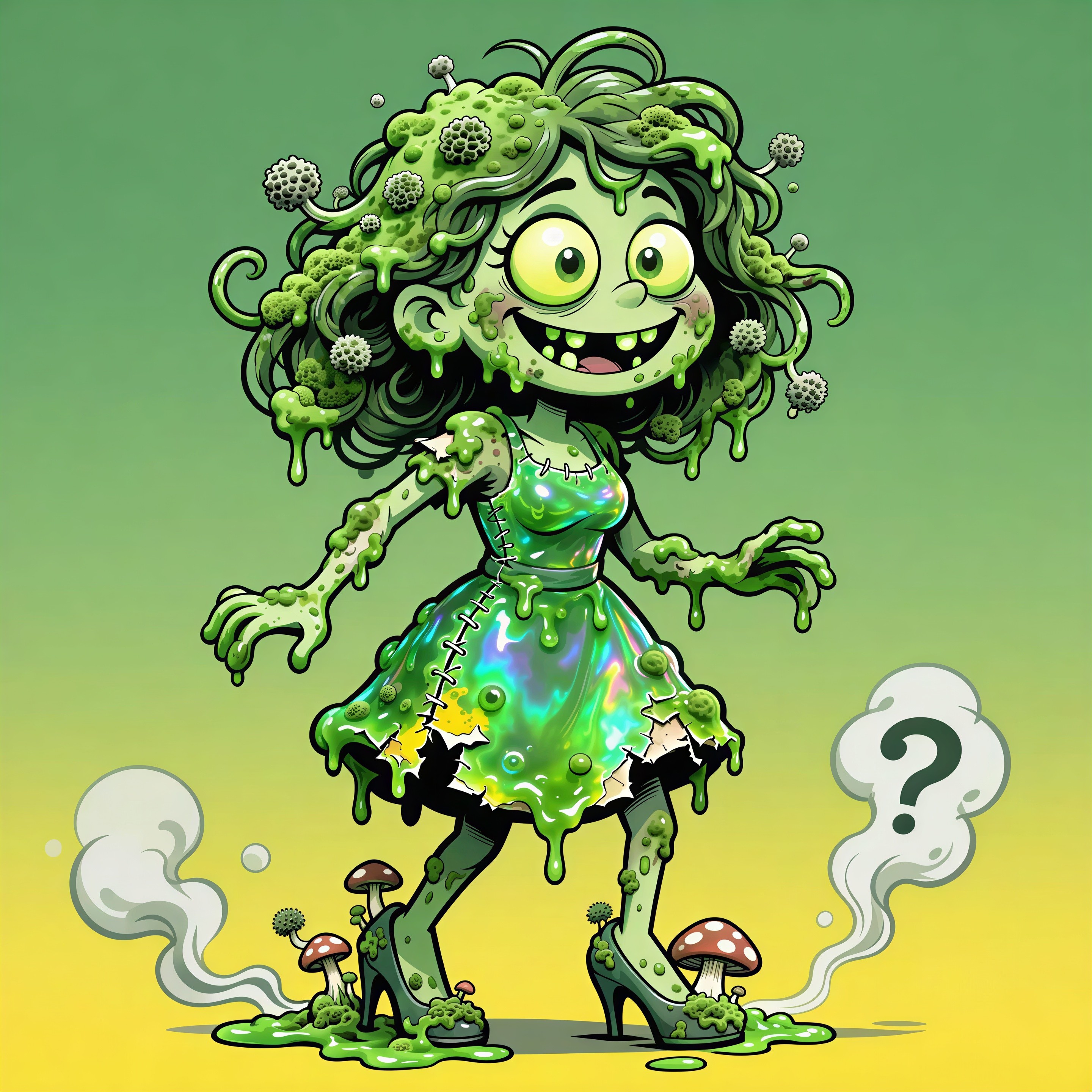 Cartoon Zombie Girl in Green Dress with Slime Hair
