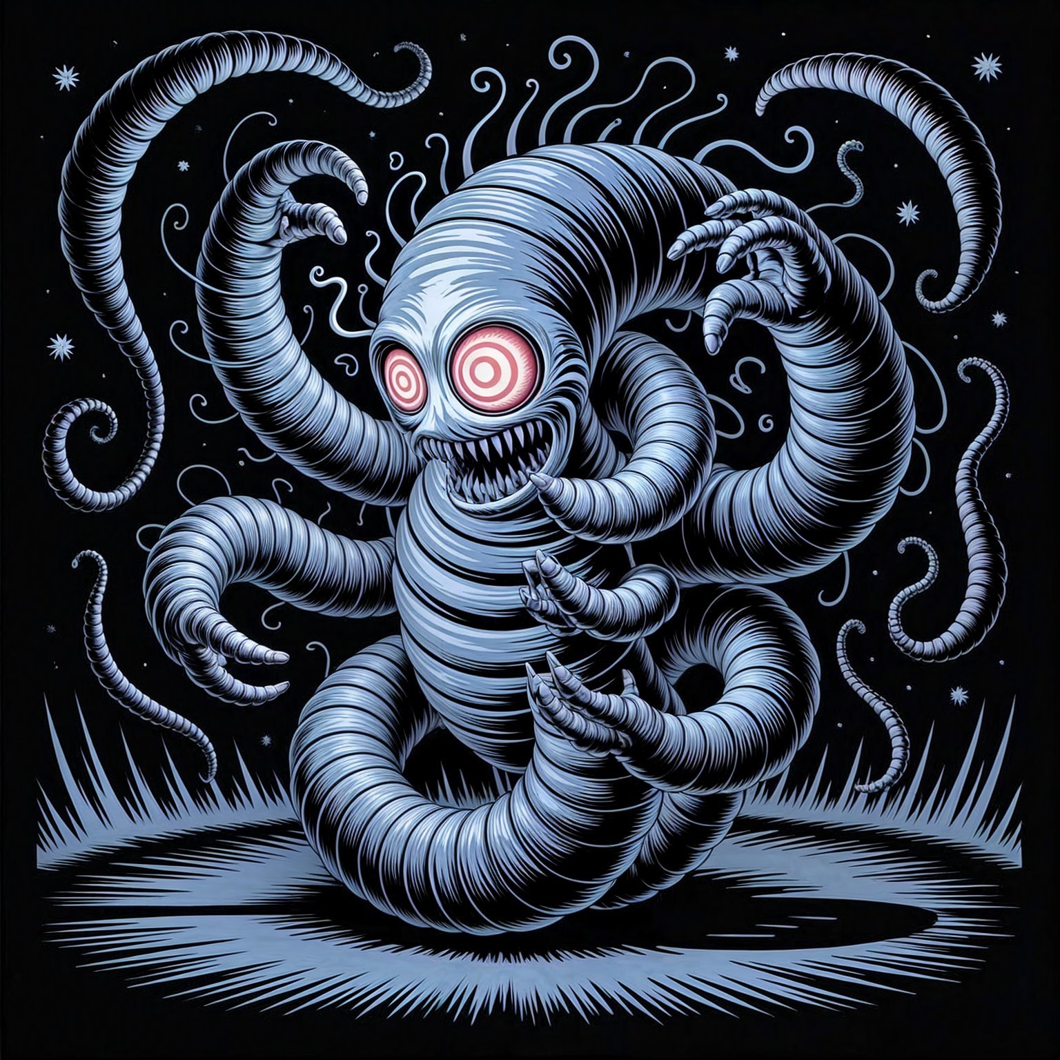 Surreal Monstrous Figure with Tentacles and Glowing Eyes