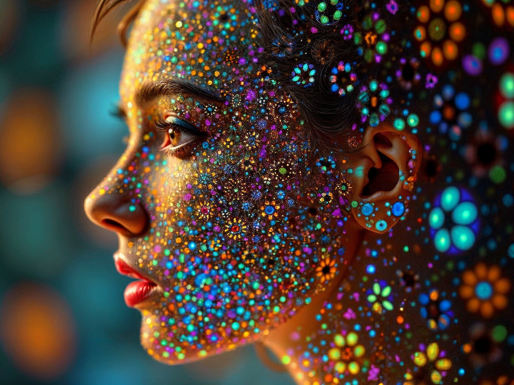 Close-Up of Woman's Face with Colorful Floral Patterns