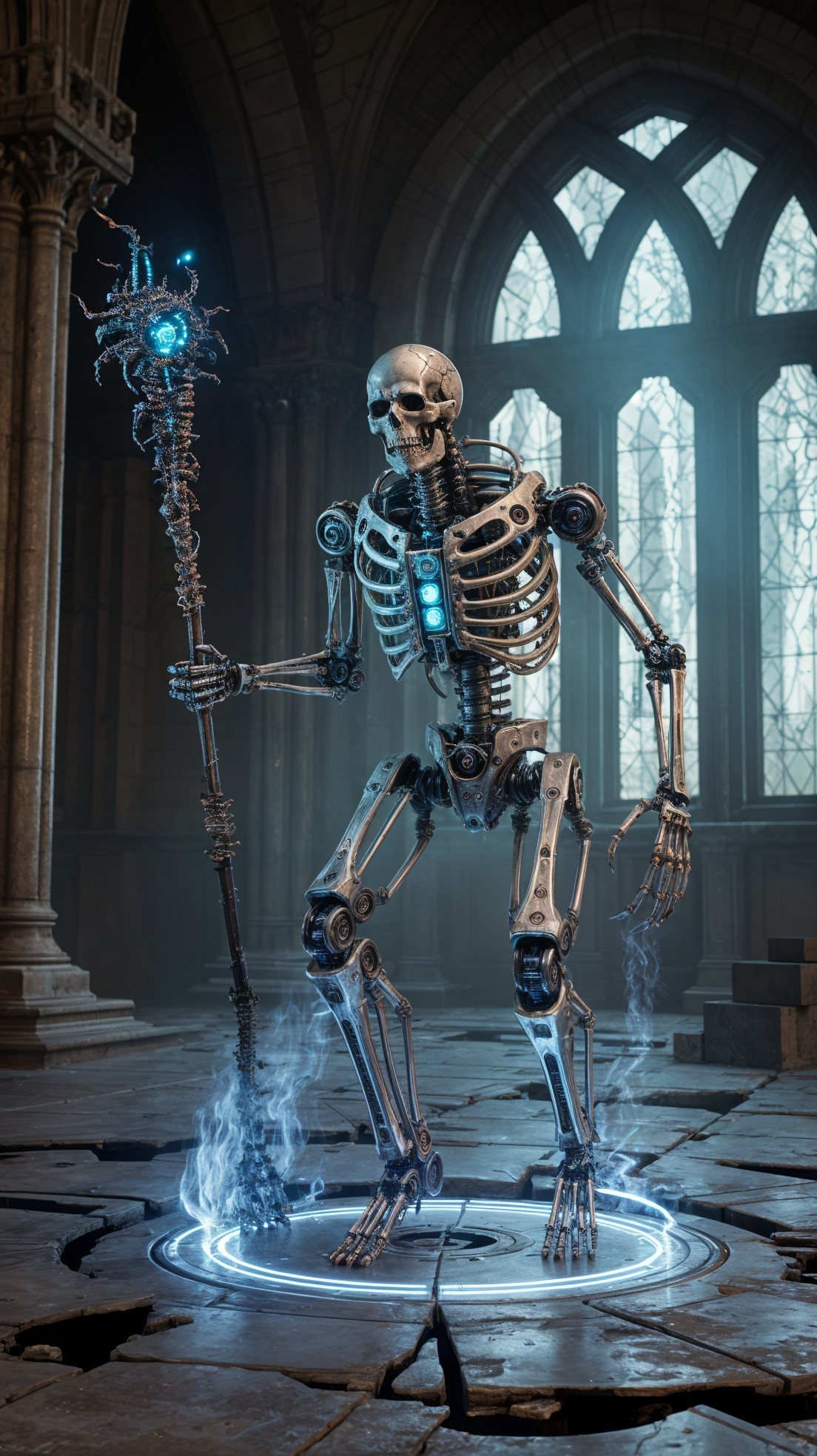 Gothic Cathedral with Metallic Skeleton and Blue Orbs