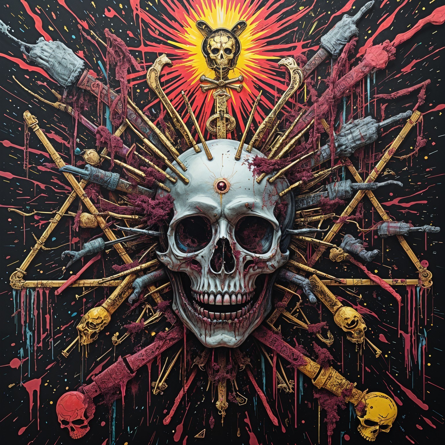 Intricate Skull Surrounded by Weapons and Vivid Colors