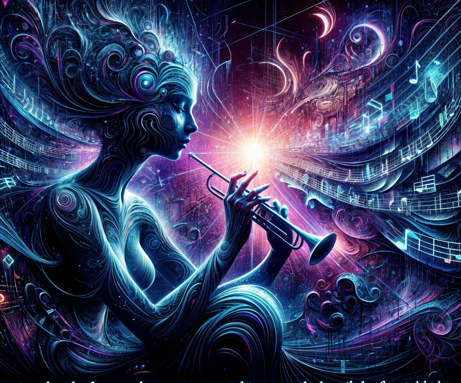 Ethereal Figure Playing Flute in Cosmic Landscape