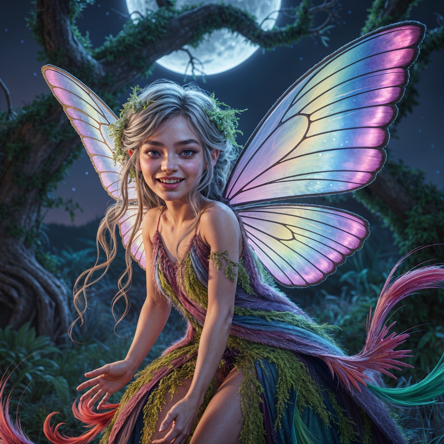 Whimsical Fairy in Enchanted Forest Under Moonlight