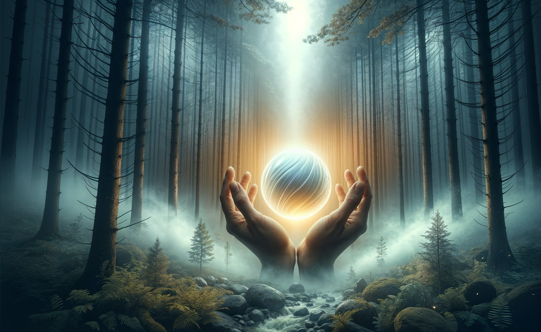 Mystical Forest with Hands Cradling Glowing Orb