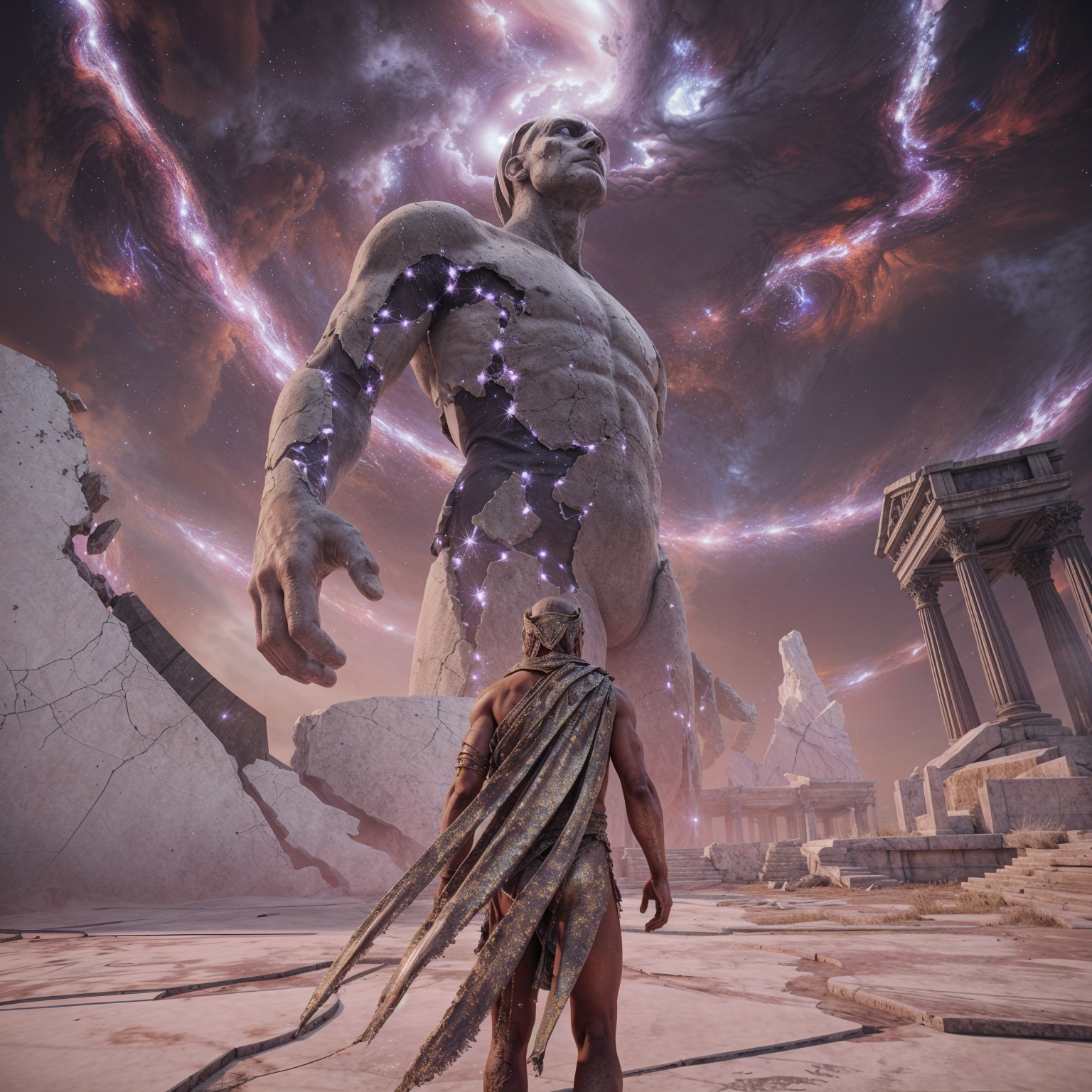 Colossal Statue in Cosmic Landscape with Lone Figure