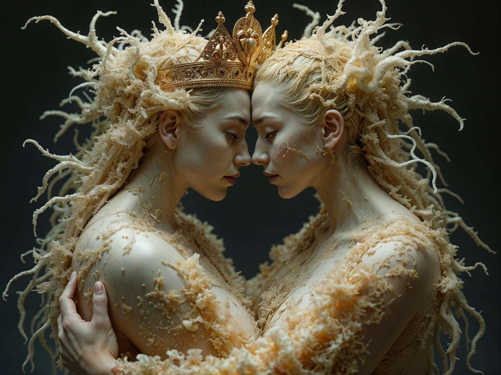 Ethereal Figures with Golden Crowns in Dreamlike Setting