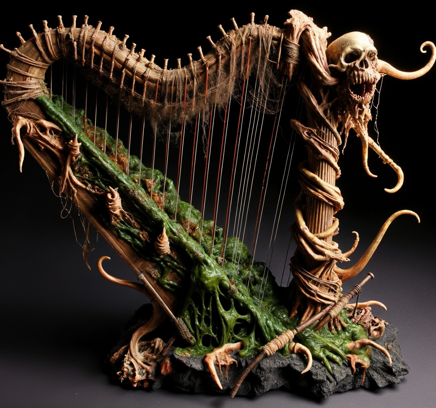 Twisted Harp Design with Eerie Textures and Skull