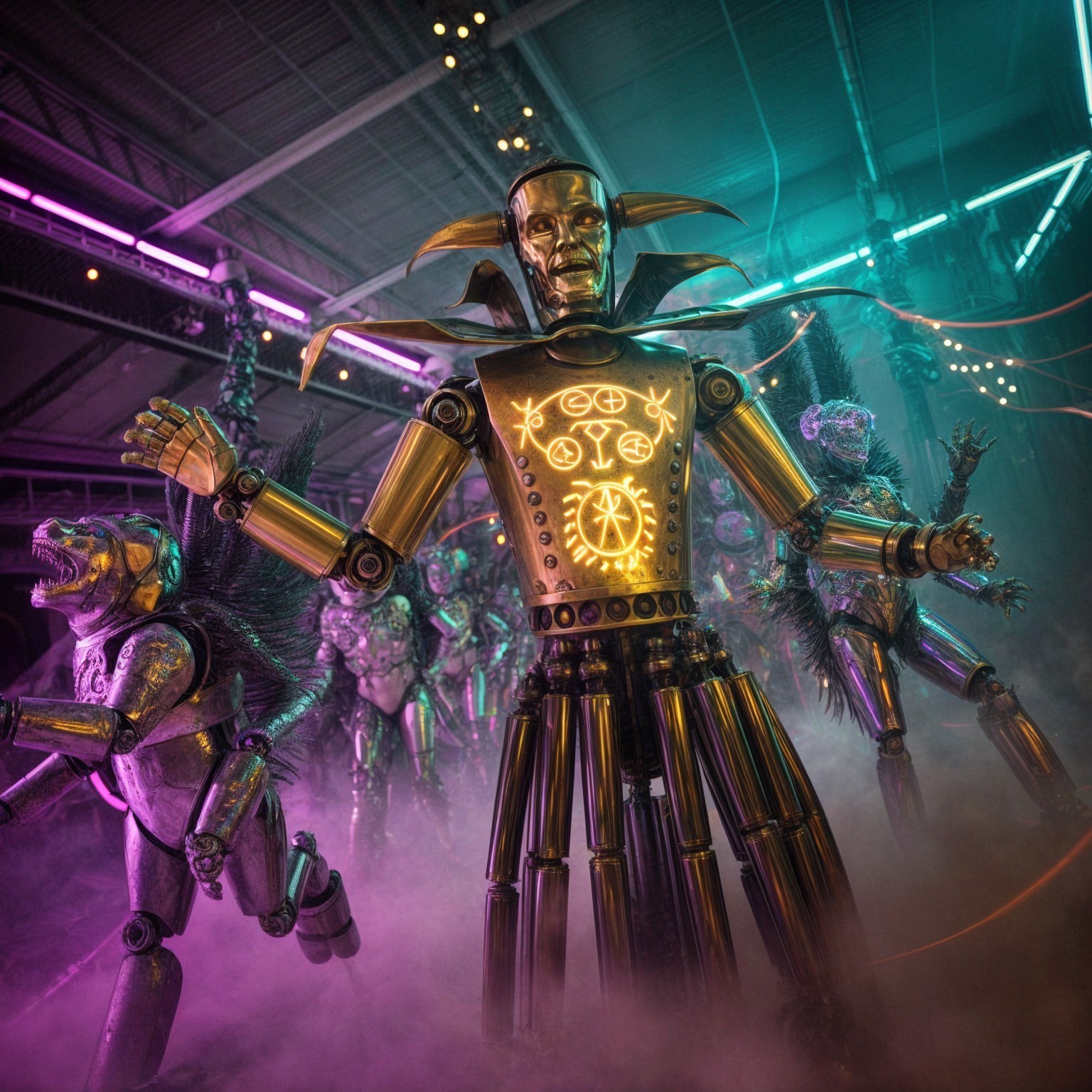 Robot Surrounded by Colorful Mist and Neon Lights