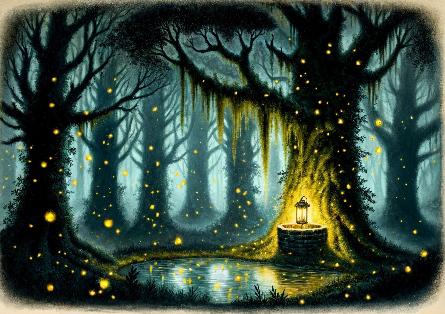 Mystical forest with glowing lantern and serene pond