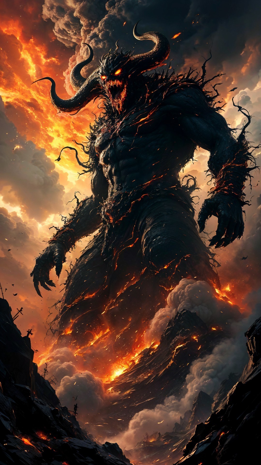 Colossal Fiery Demon in Apocalyptic Landscape