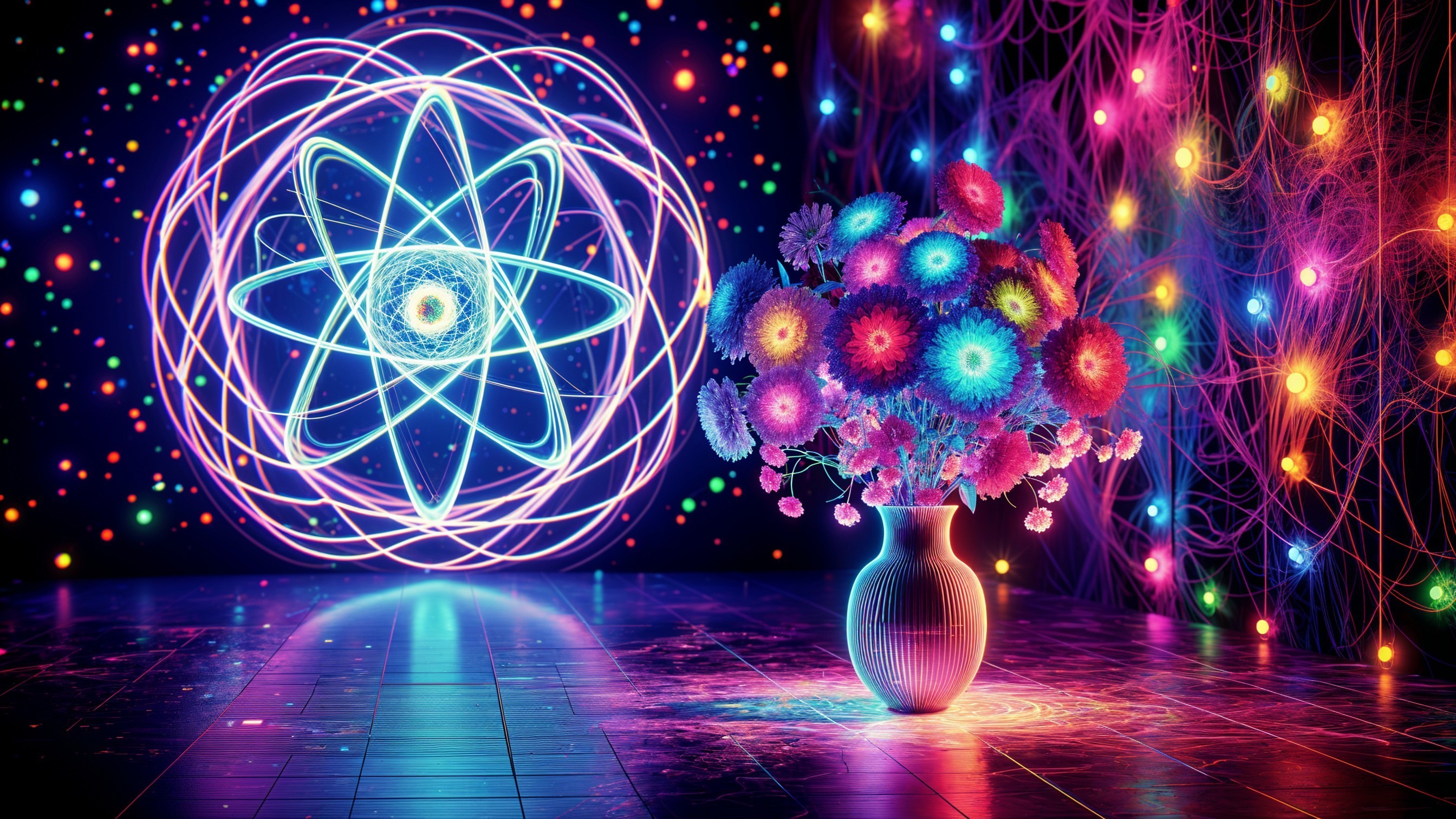 Surreal Vase of Colorful Flowers with Abstract Backdrop
