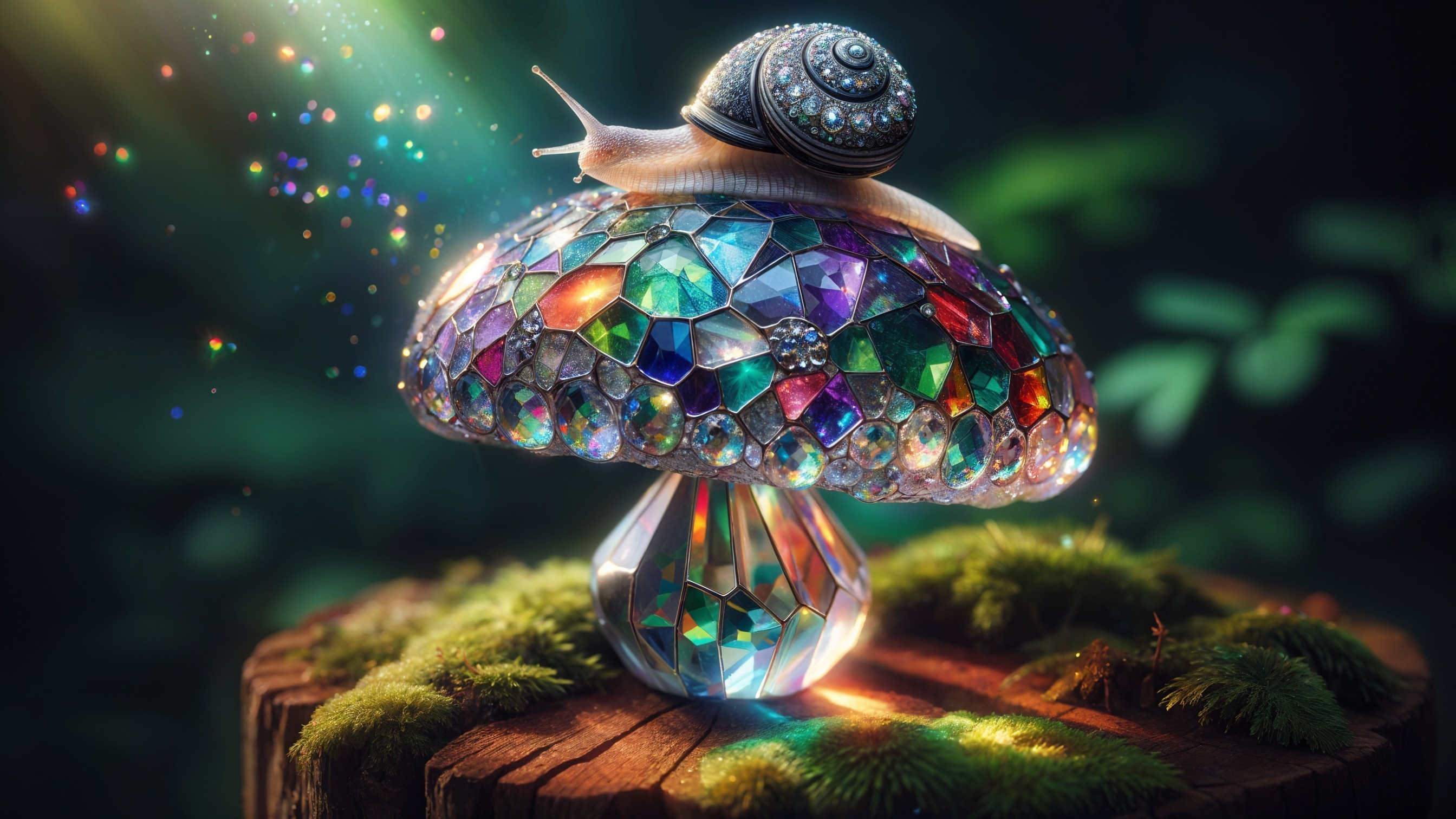 Whimsical Snail on Sparkling Mushroom in Forest Setting