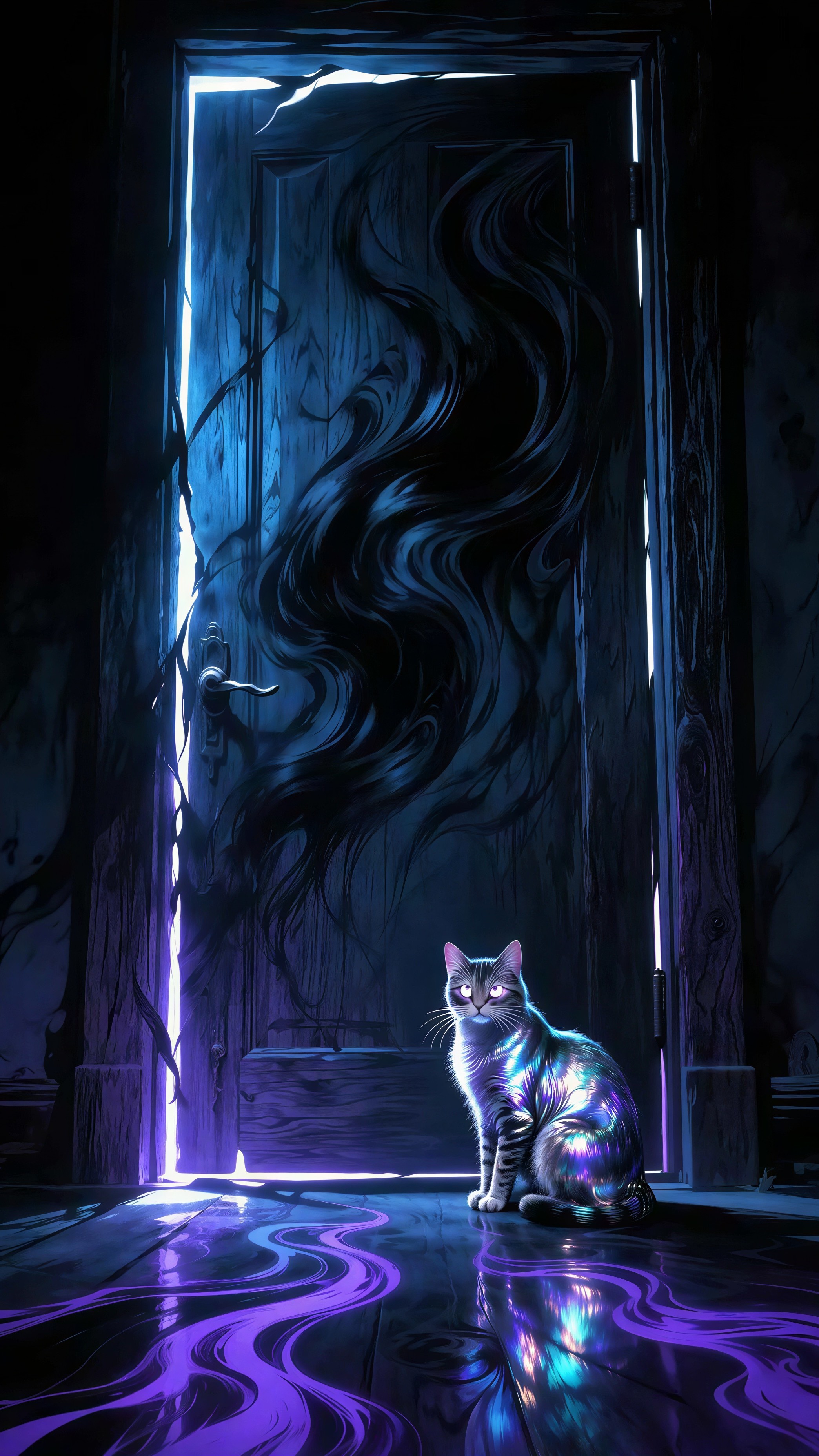Semi-dark Room with Glowing Cat and Carved Door