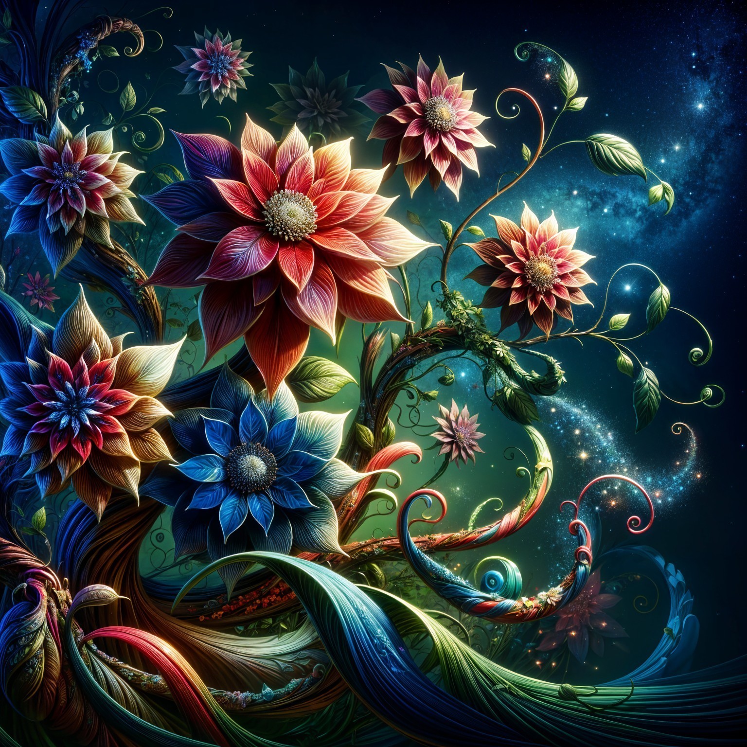 Vibrant Garden with Oversized Flowers and Night Sky