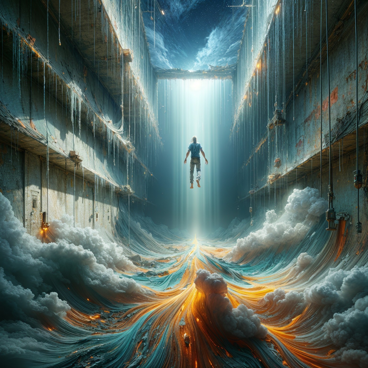 Surreal Landscape with Hovering Figure and Light Streams