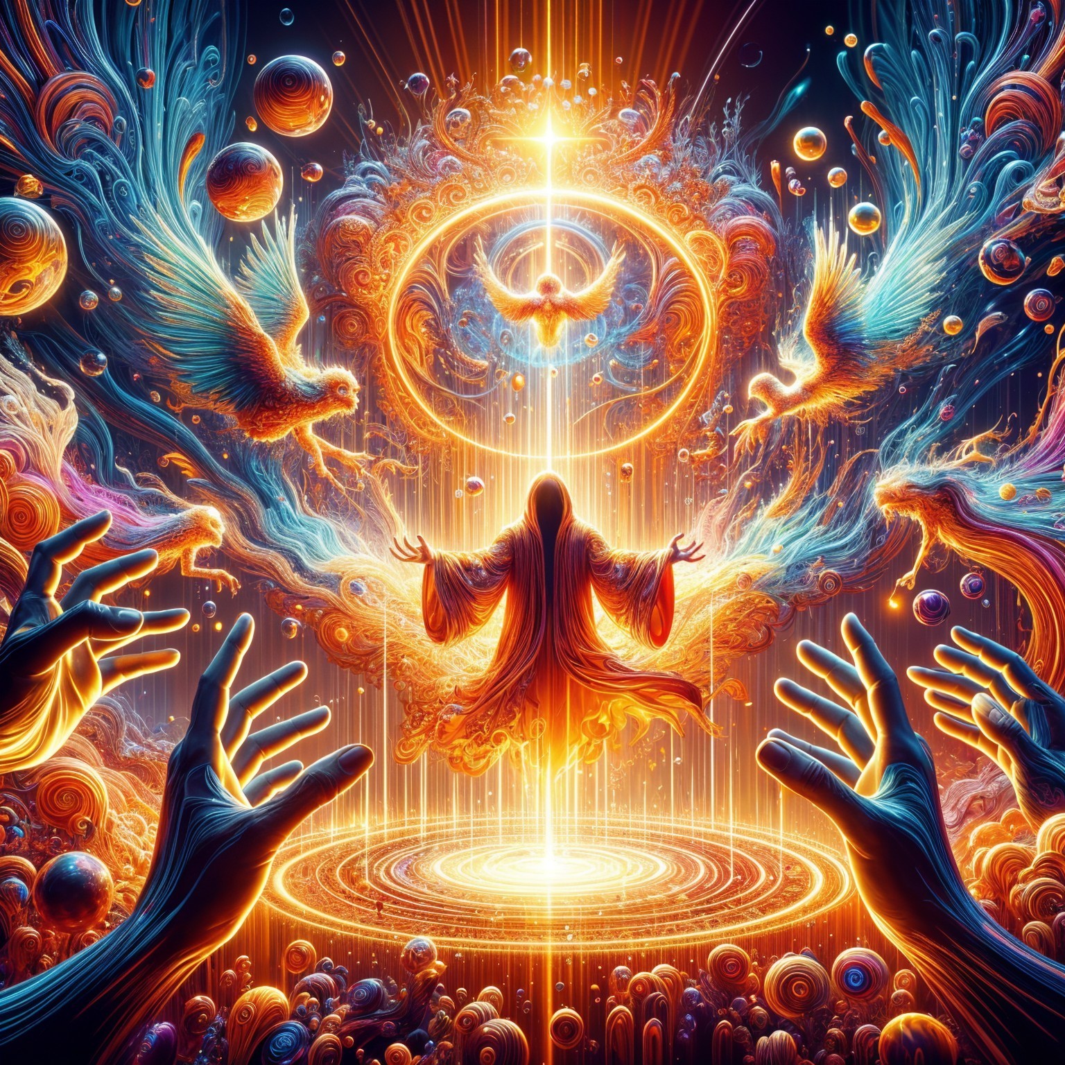 Ethereal Figure in Vibrant Cosmic Scene with Birds