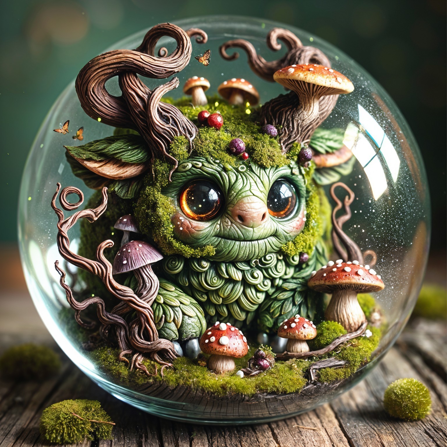 Whimsical Creature in Glass Orb Surrounded by Foliage