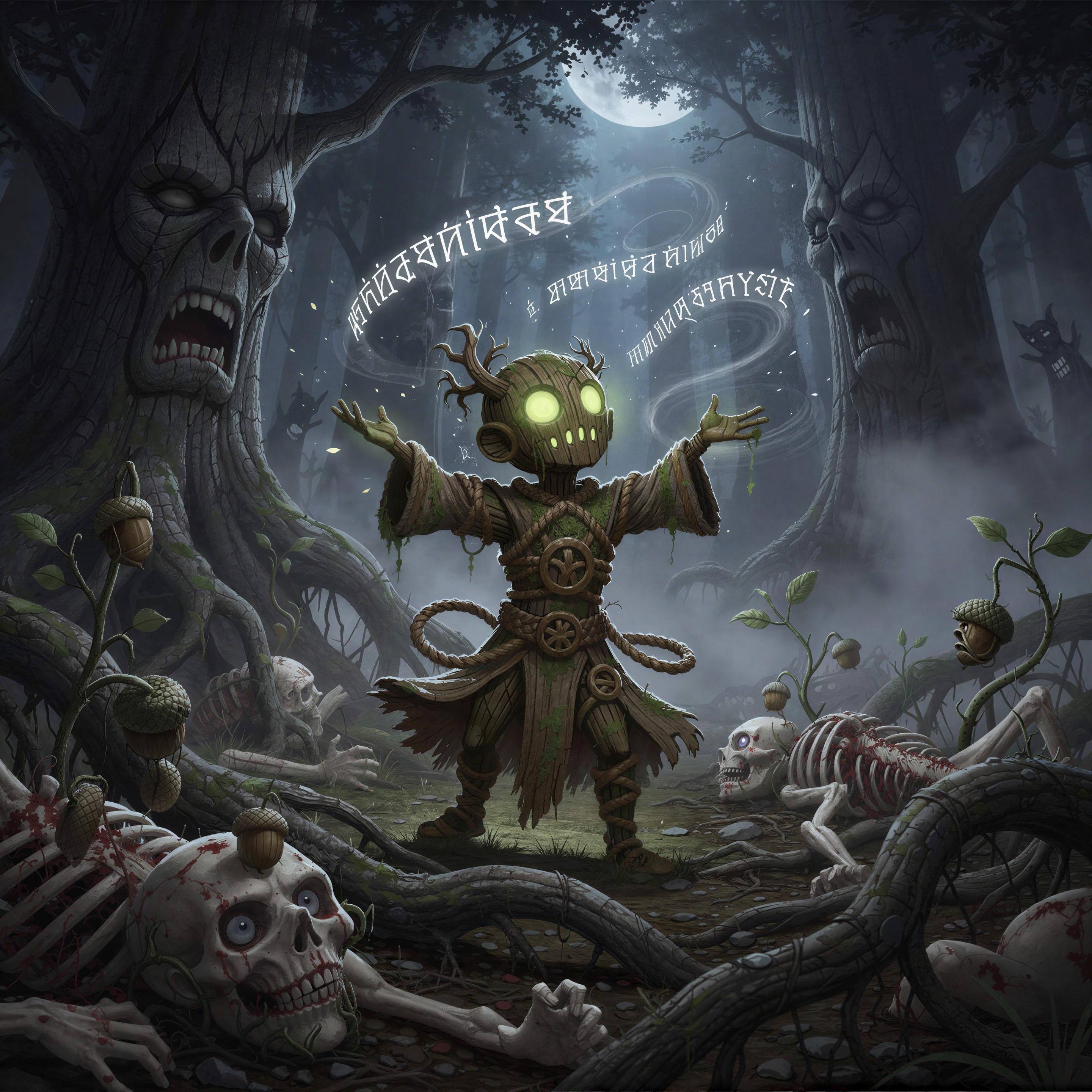 Spooky Forest Scene with Glowing Puppet and Trees