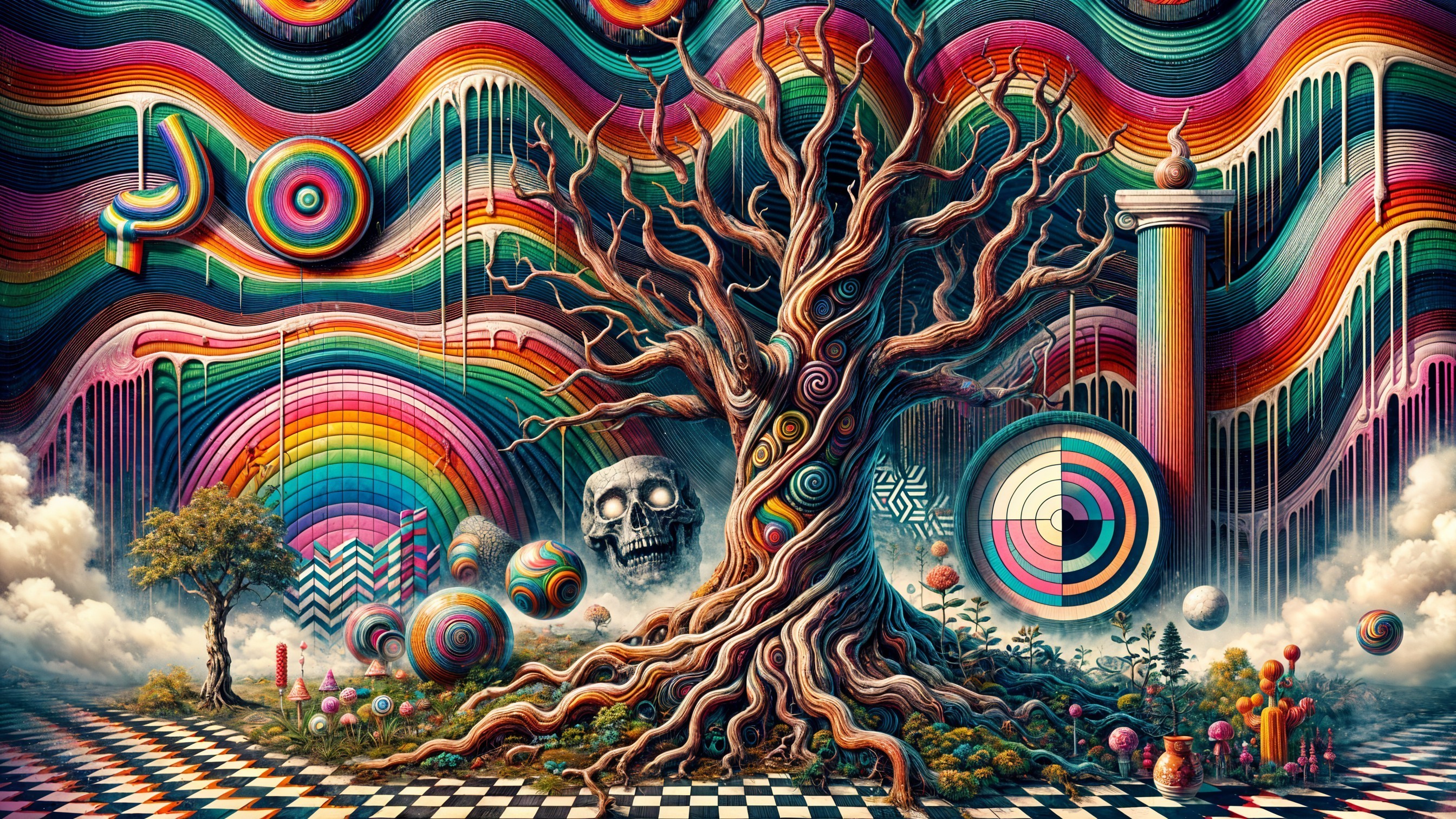 Surreal Landscape with Intricate Tree and Colorful Waves